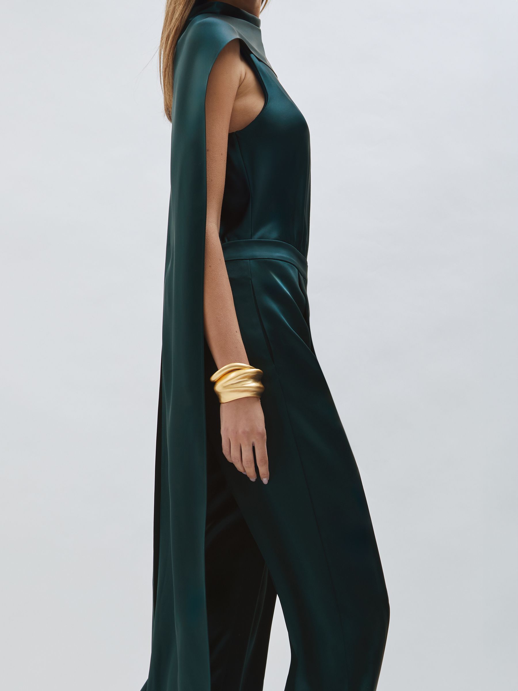 Satin Cape-Sash Jumpsuit in Teal Green
