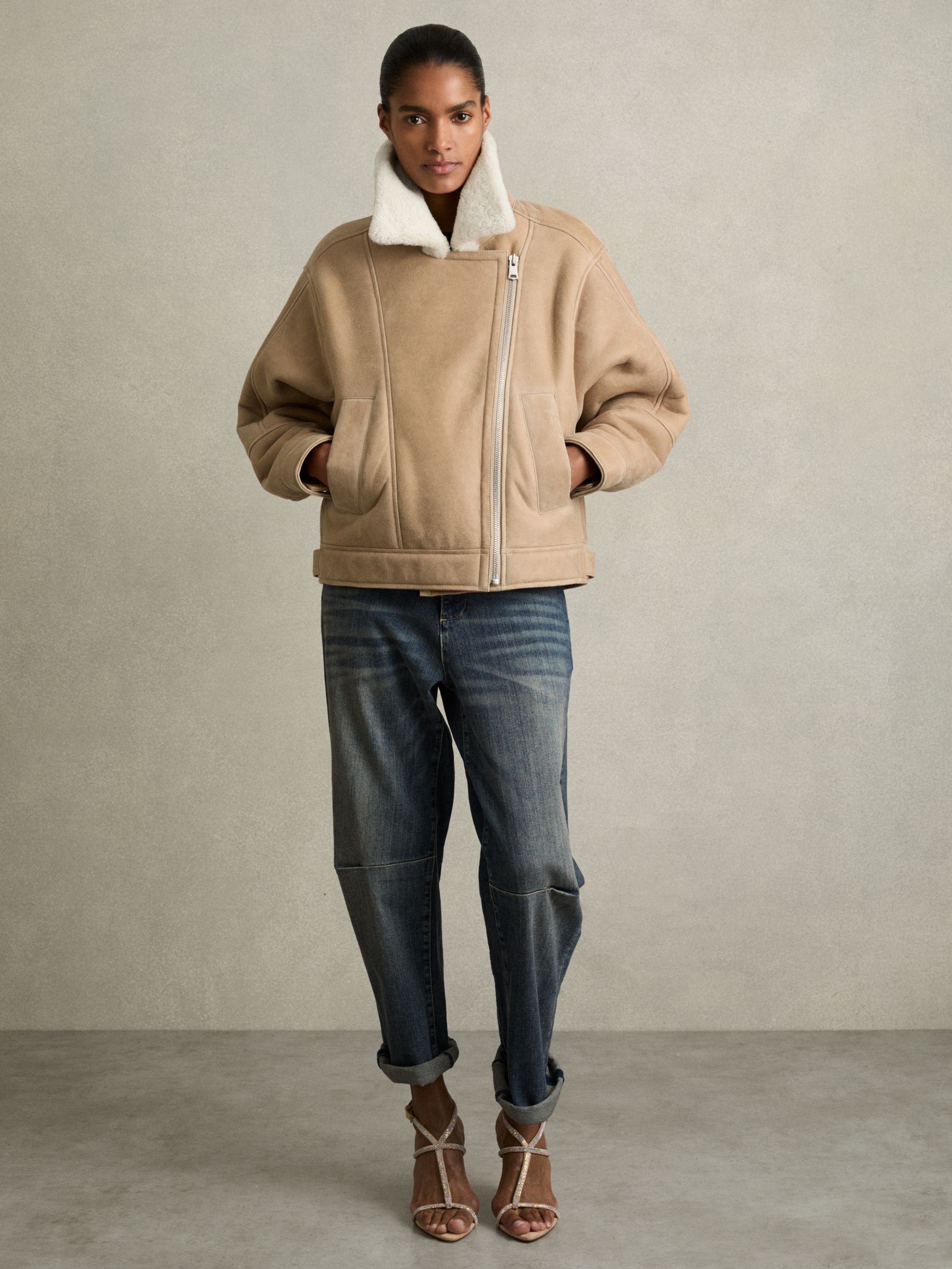 Shearling-Lined Leather Aviator Jacket in Neutral