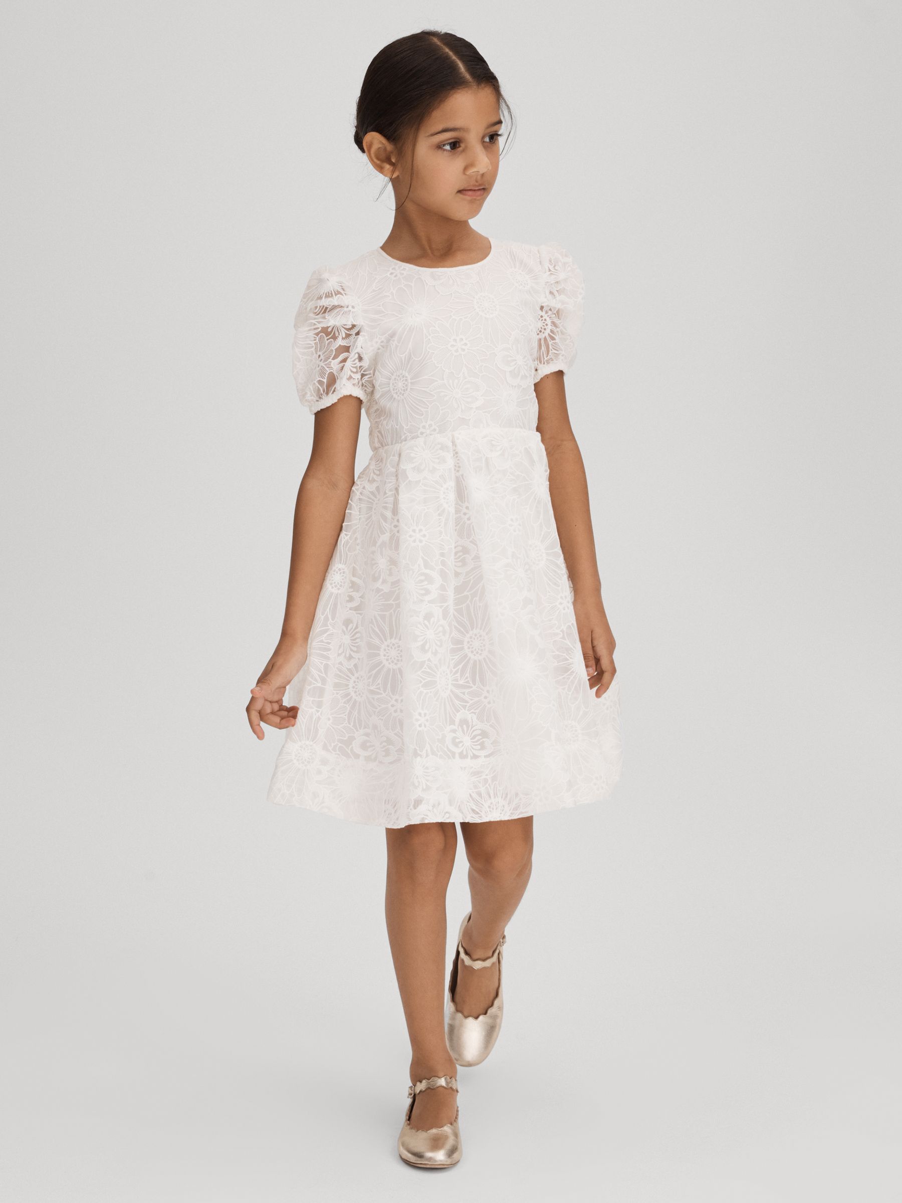 4-9 yrs Lace Puff Sleeve Dress in Ivory
