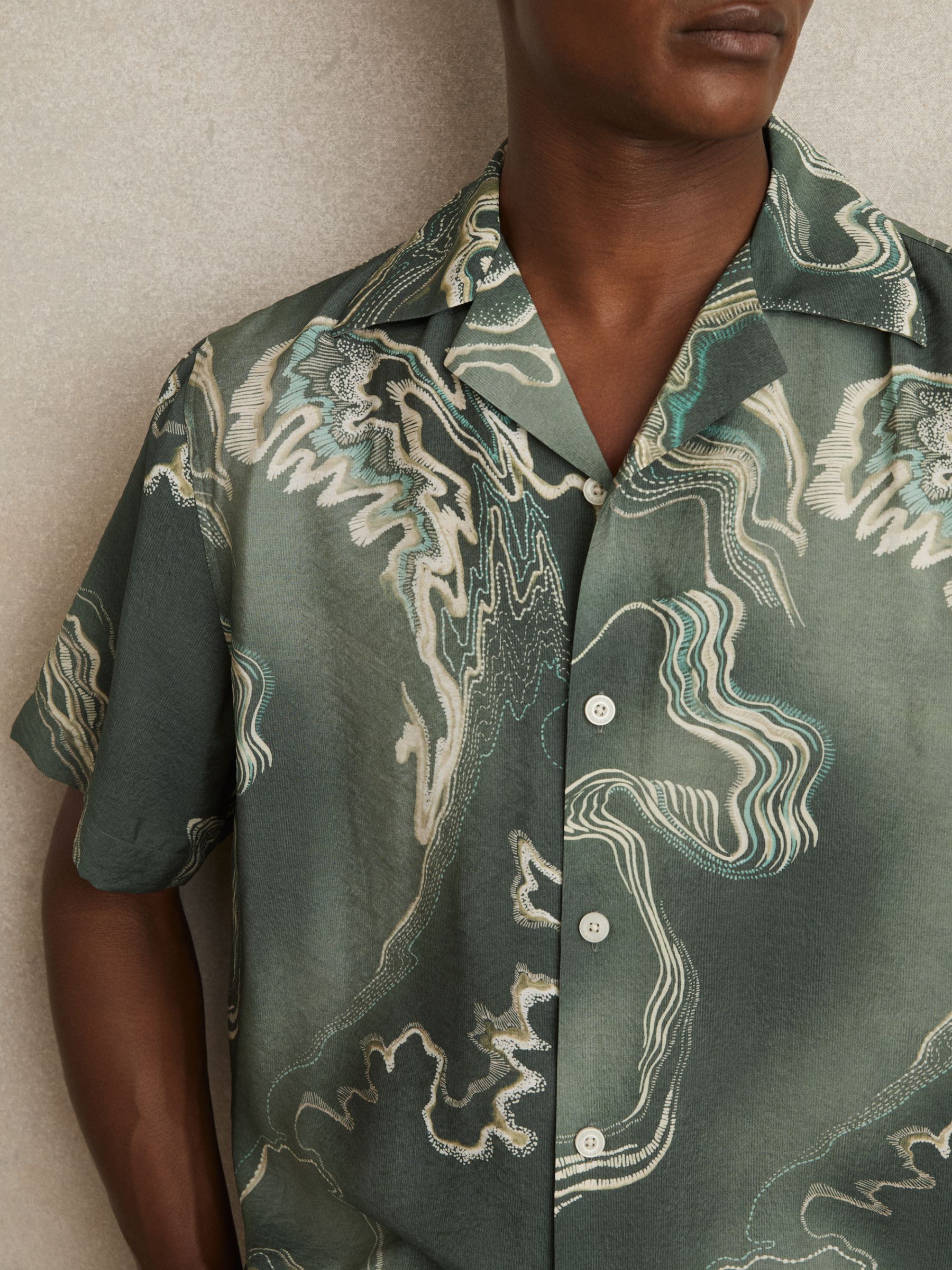 Print Cuban-Collar Shirt in Sage Green