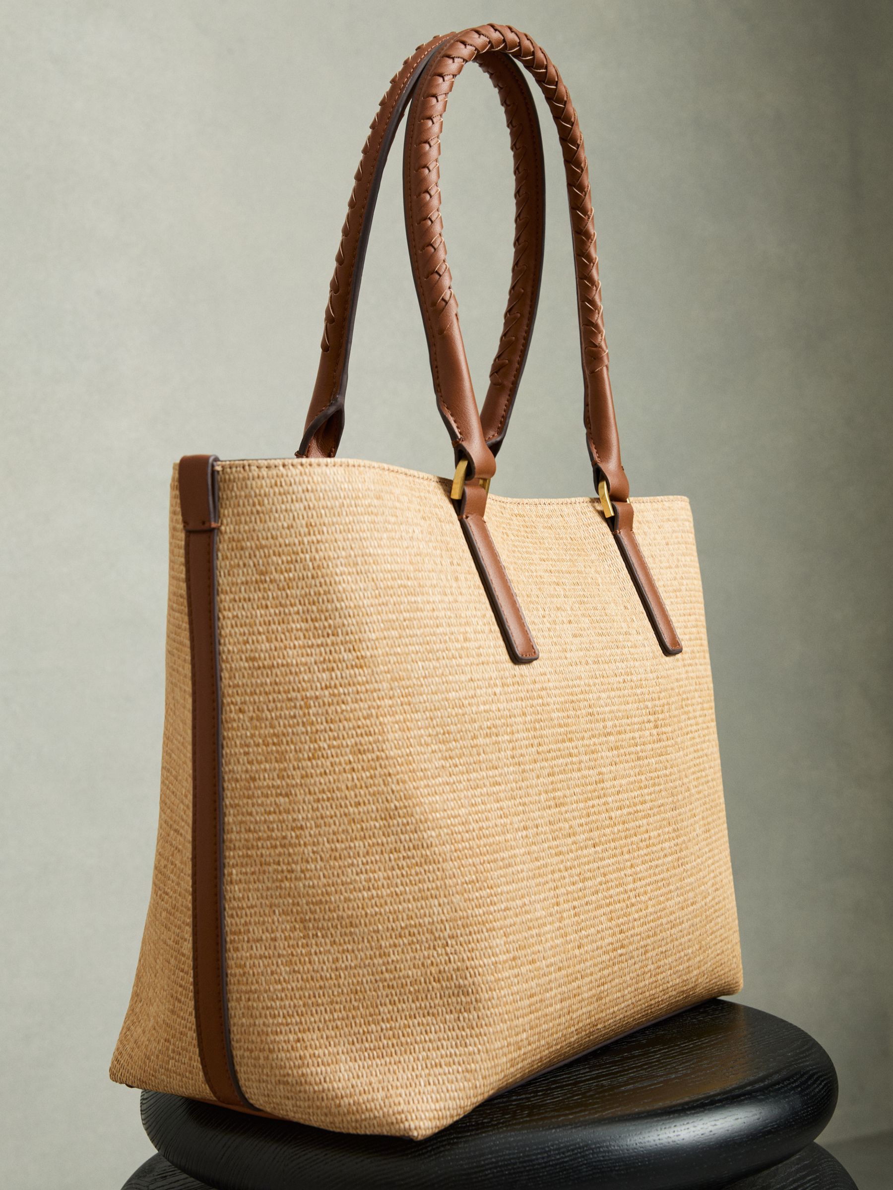 Raffia Braided Strap Tote Bag in Tan
