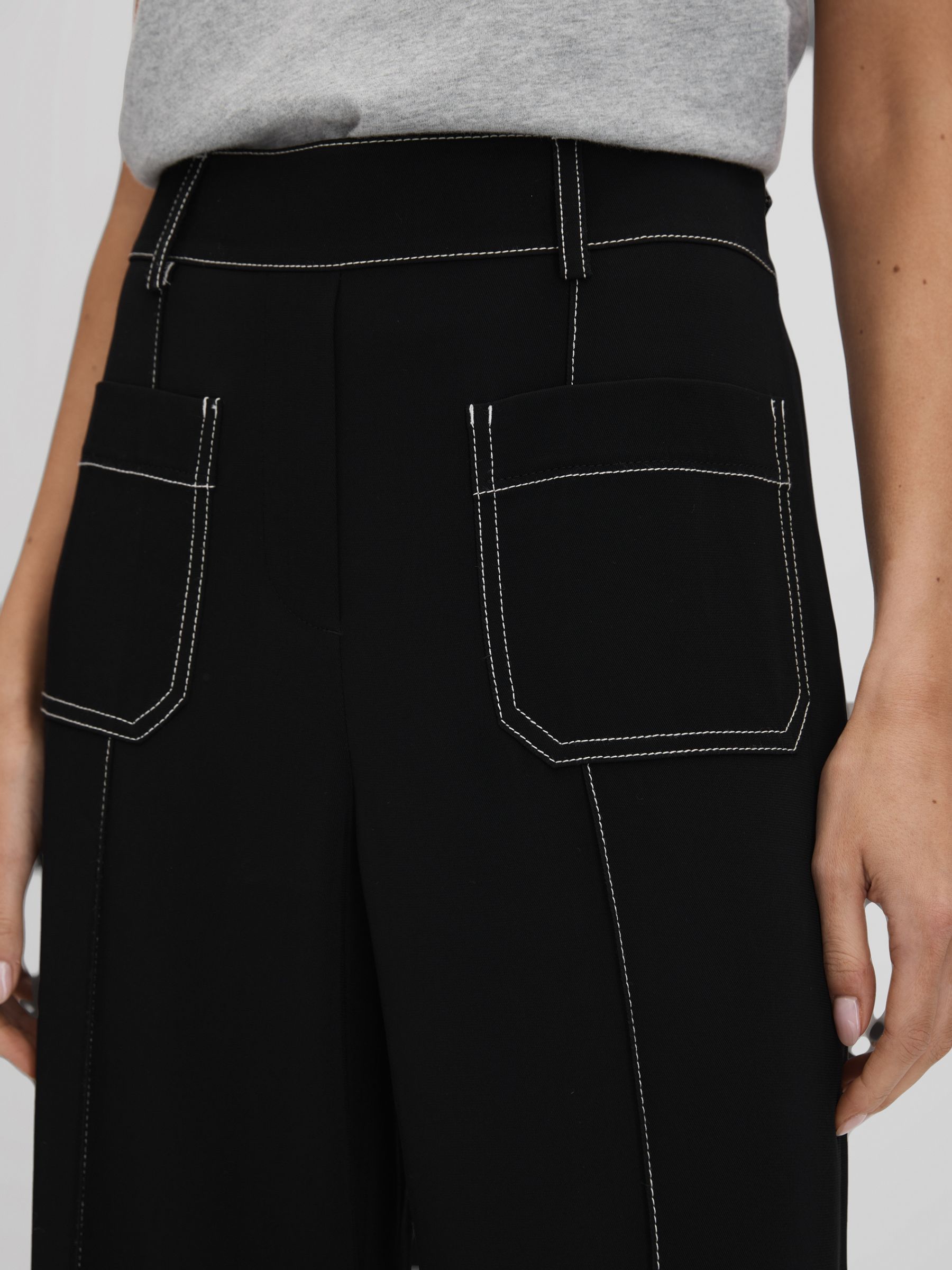 Petite Contrast Stitch Wide Leg Trousers in Black