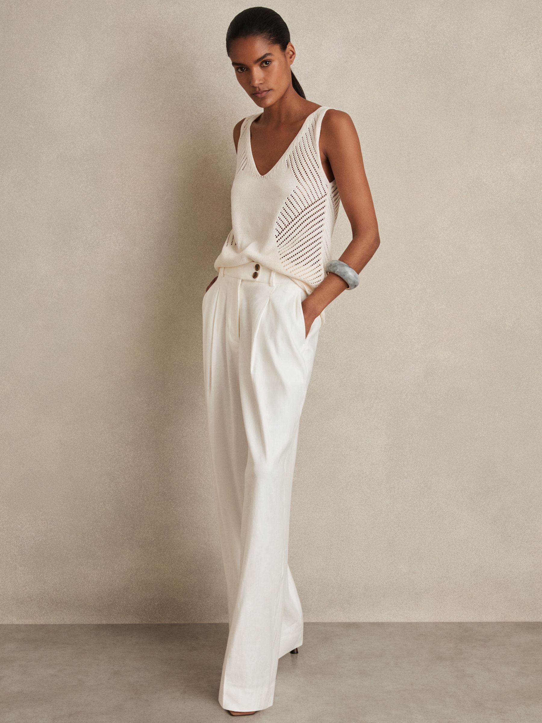 Linen-Blend Wide-Leg Trousers in White