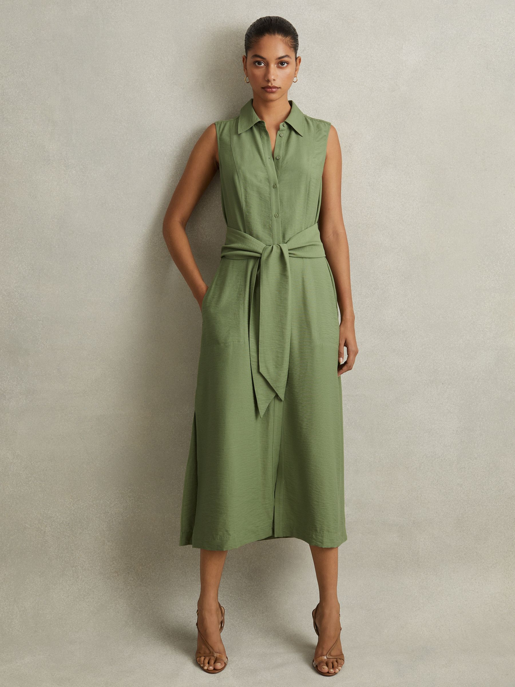 Viscose Blend Belted Shirt Dress in Green