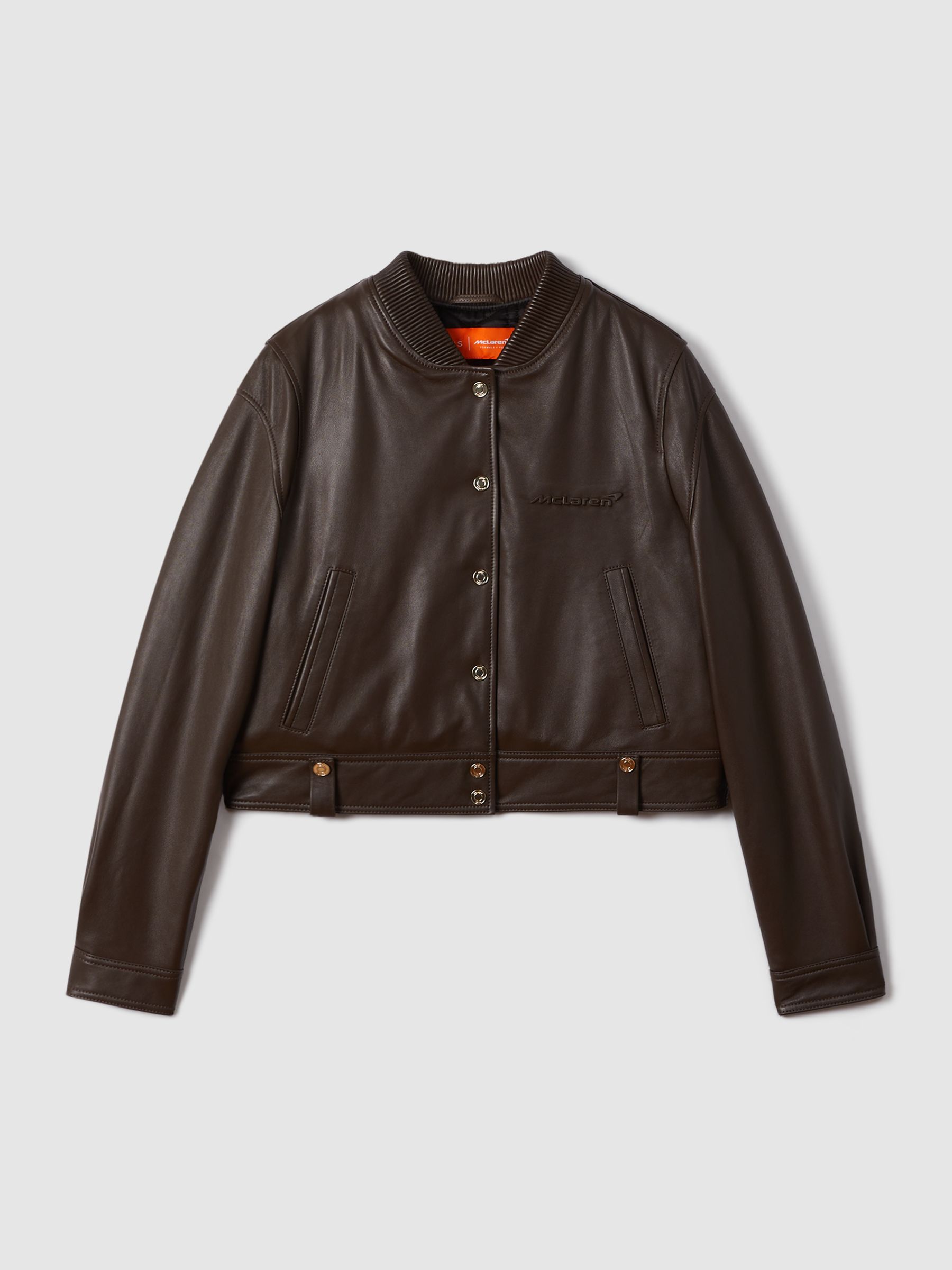 McLaren F1 Cropped Leather Bomber Jacket in Chocolate