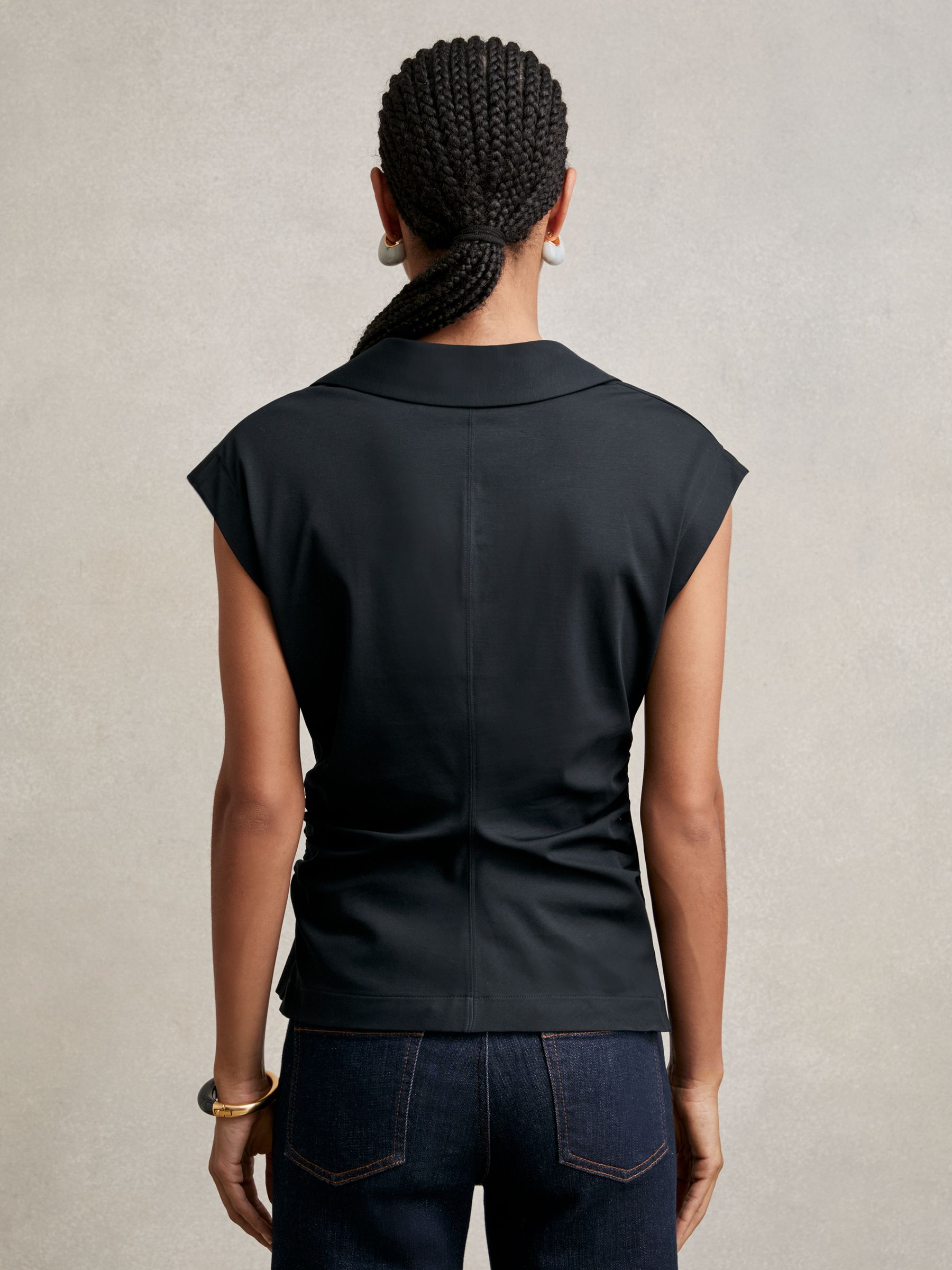 Stretch-Cotton Wrap-Front Collar Top in Navy