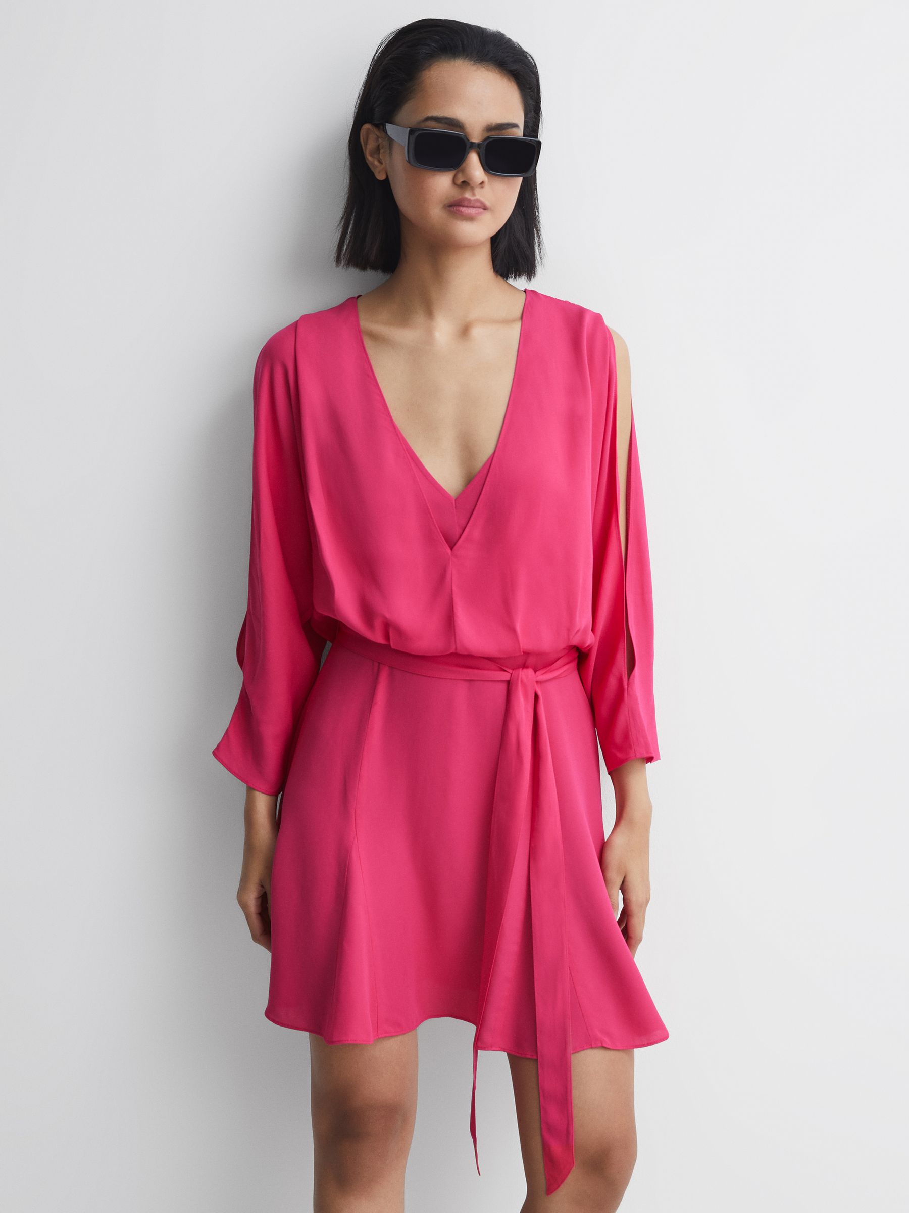 Open Back Split Sleeve Mini Dress in Bright Pink
