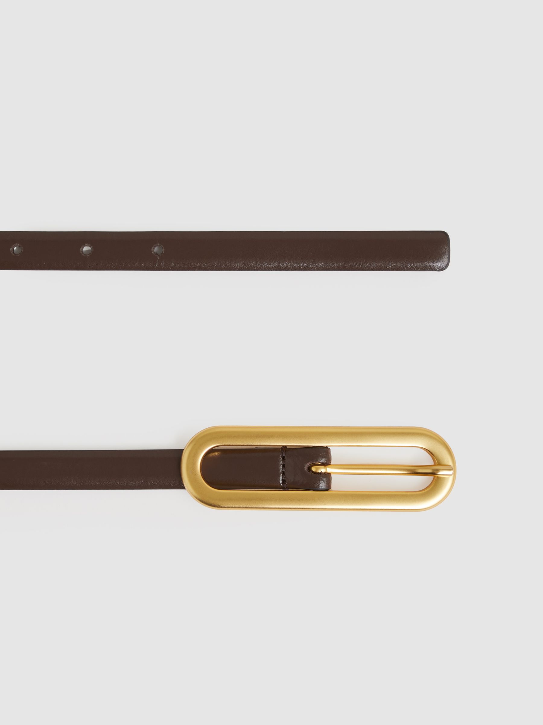 Thin Leather Elongated Buckle Belt in Chocolate