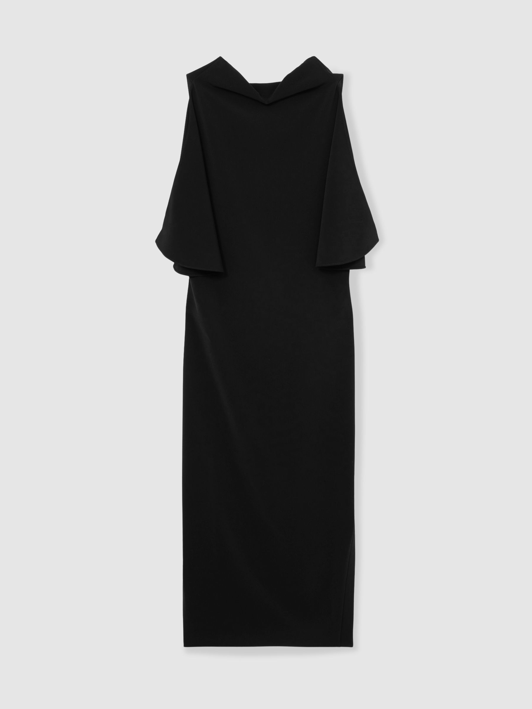 Draped-Front High-Neck Midi Dress in Black