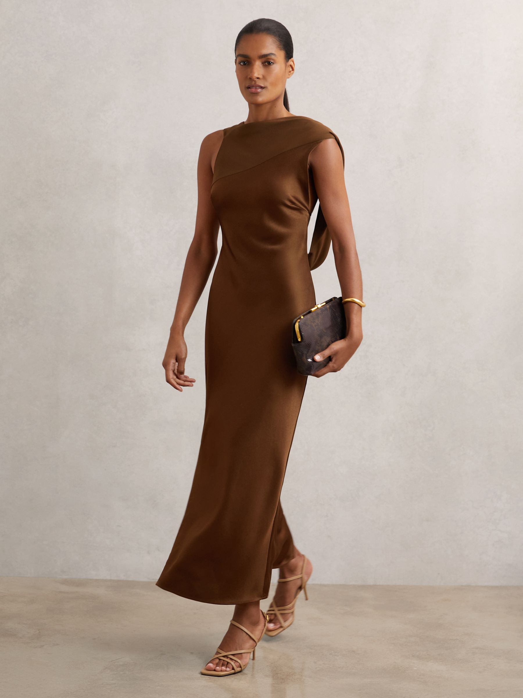 Satin Draped Open-Back Dress in Bronze