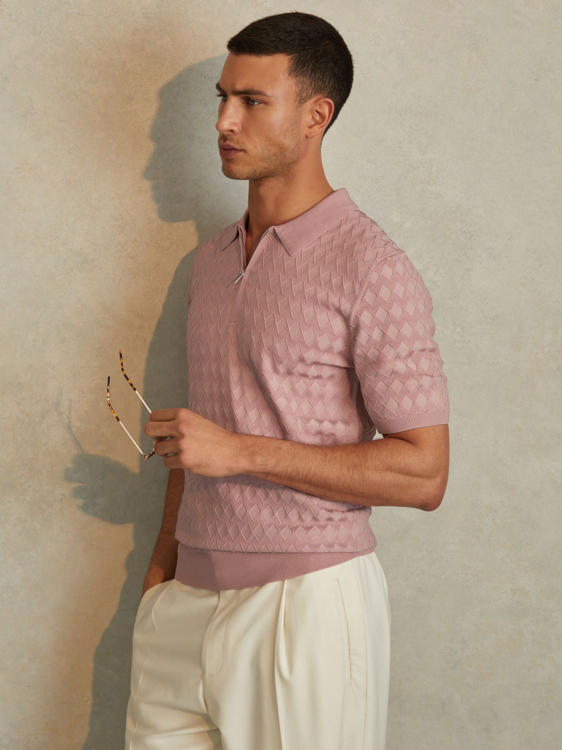 Half-Zip Knitted Polo Shirt in Soft Pink