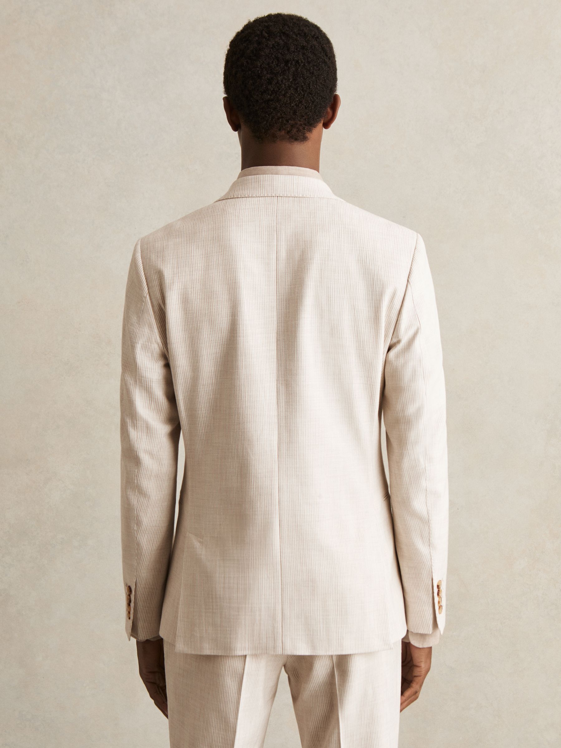 Slim Fit Single Breasted Pinstripe Suit Blazer in Oatmeal/White