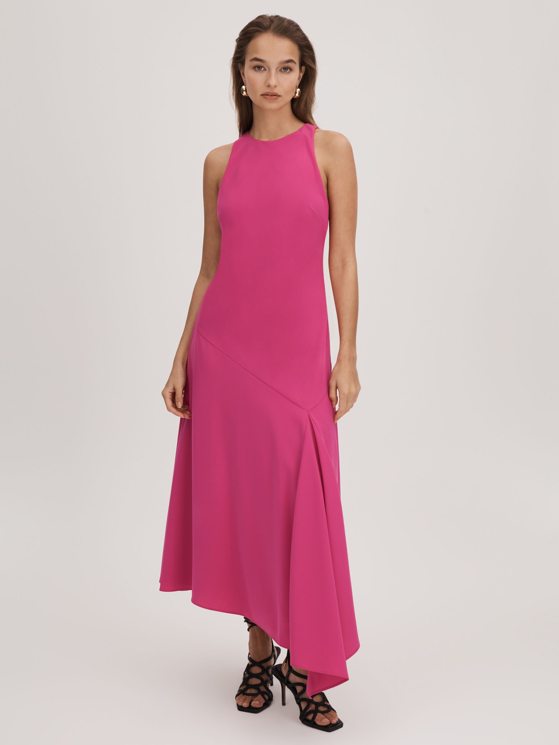 Florere Crepe Asymmetric Midi Dress in Deep Pink