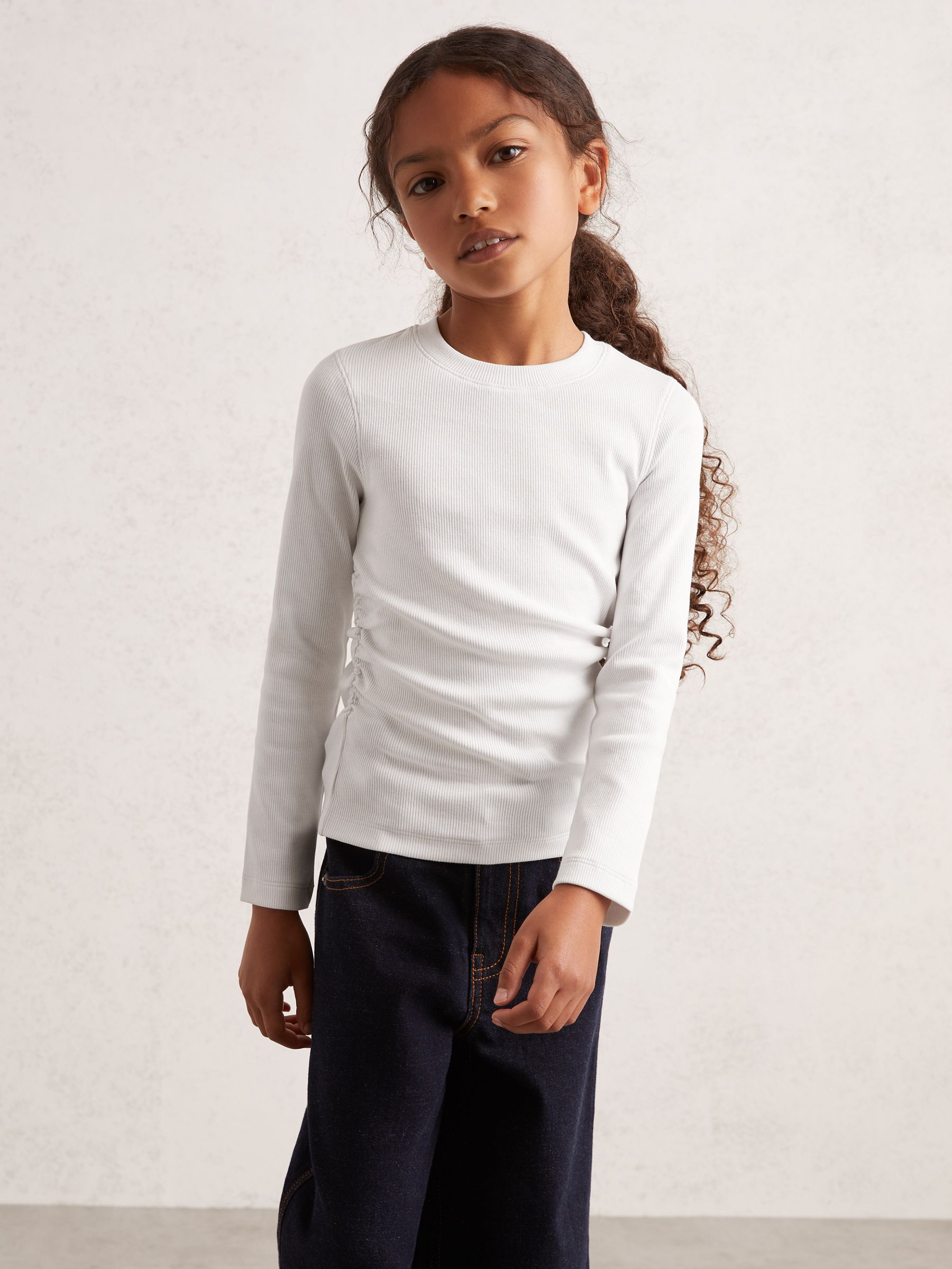 4-9 yrs Cotton Ruched Long-Sleeve T-Shirt with Stretch in Ivory