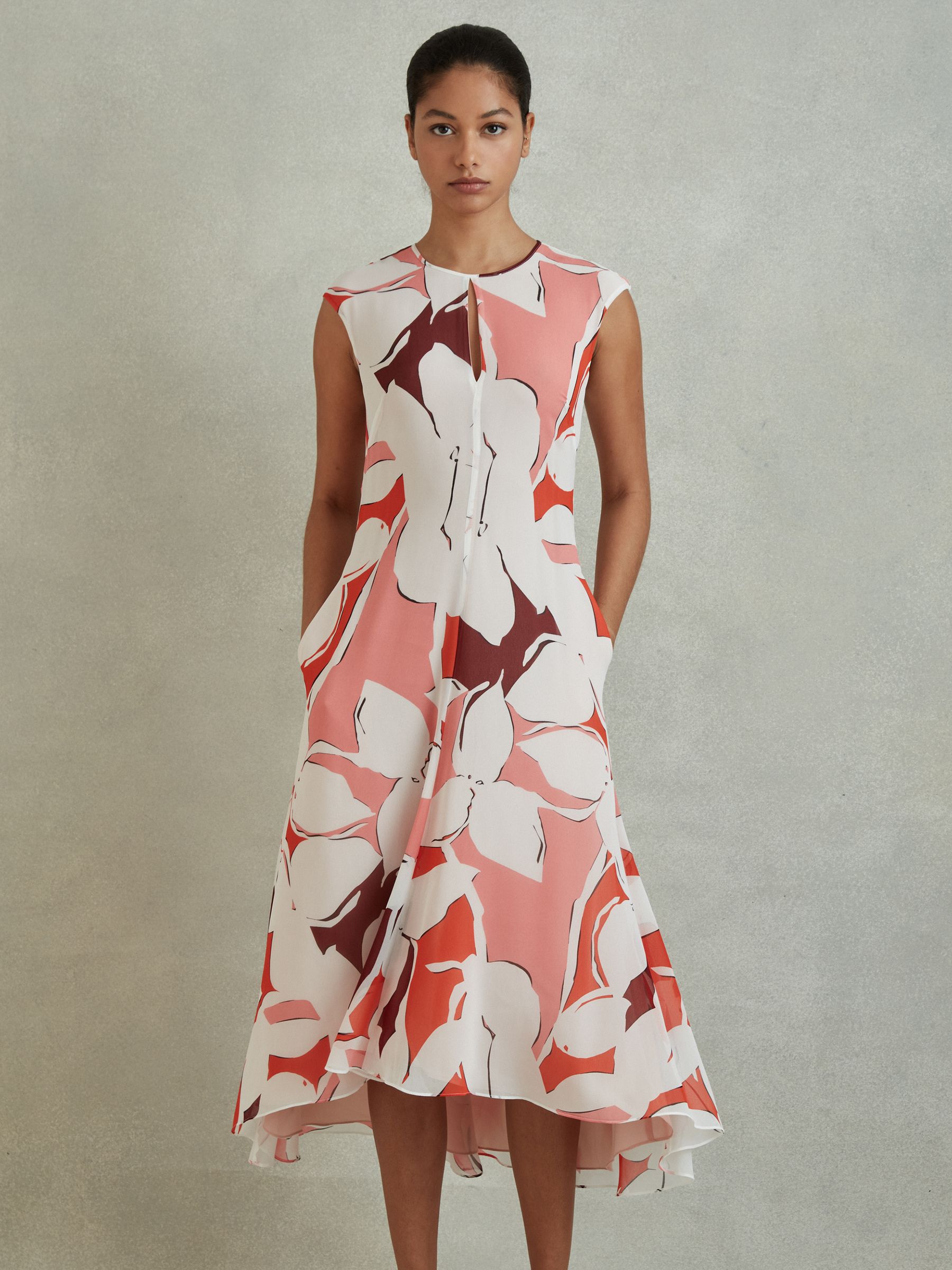 Printed Open Back Midi Dress in Red