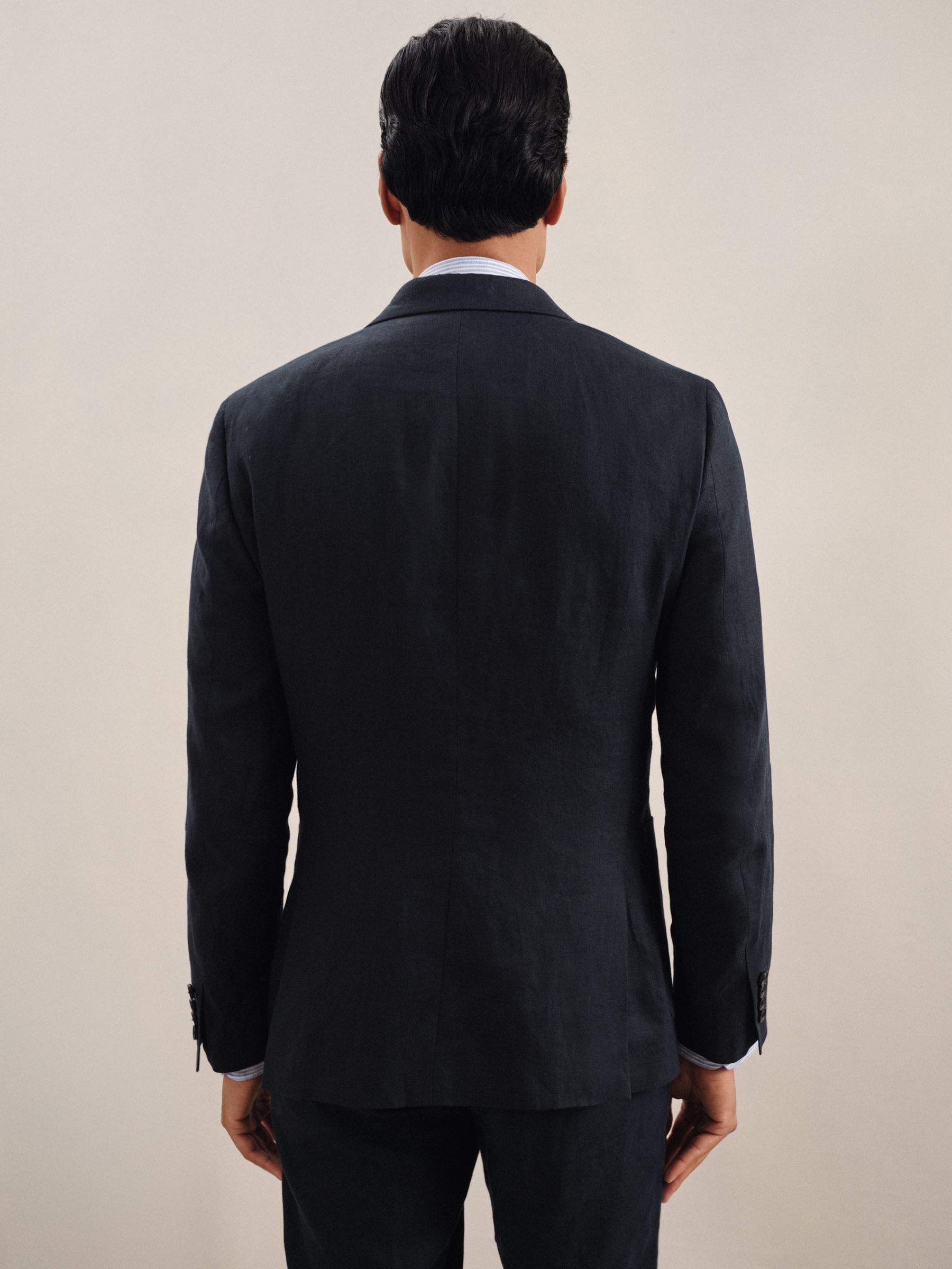 Linen Double-Breasted Suit Slim-Fit Blazer in Navy