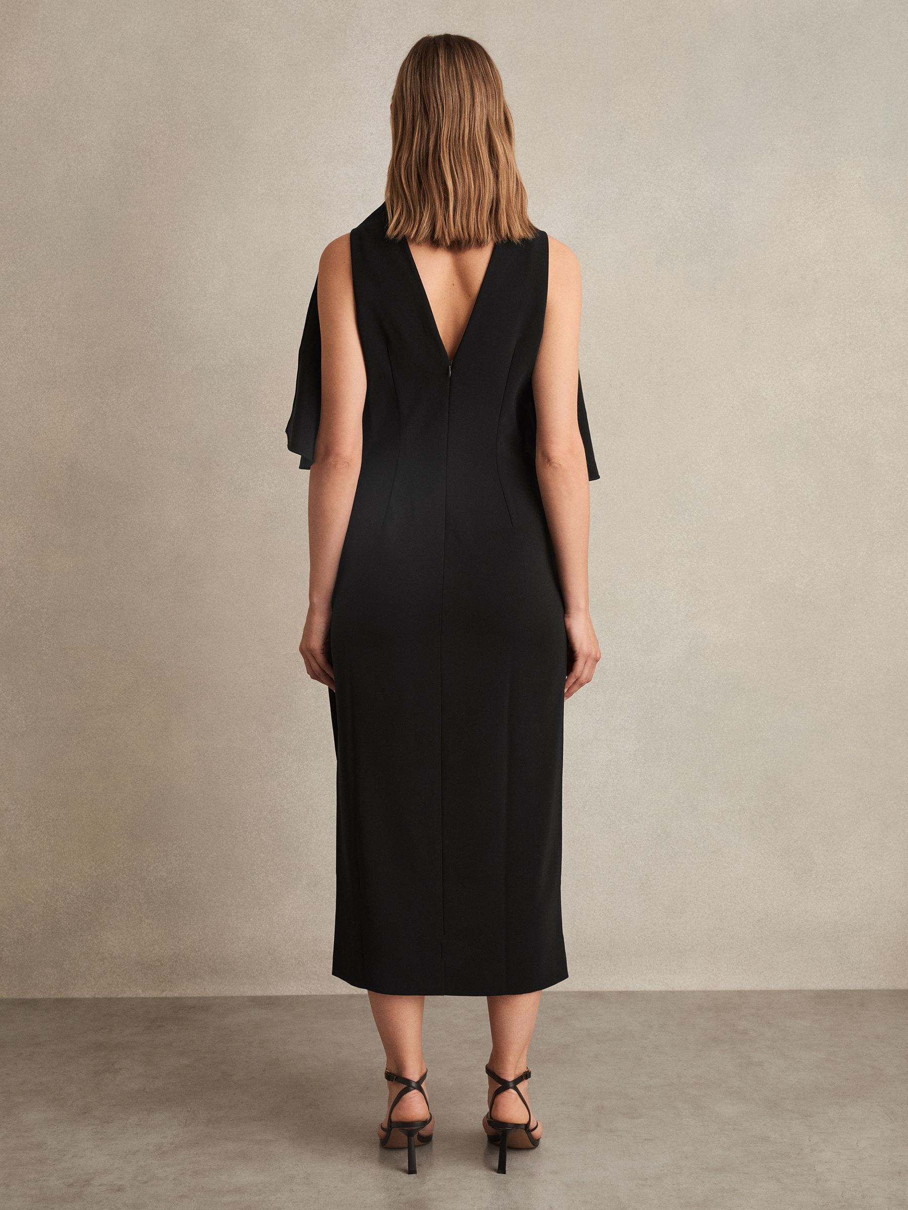 Draped-Front High-Neck Midi Dress in Black
