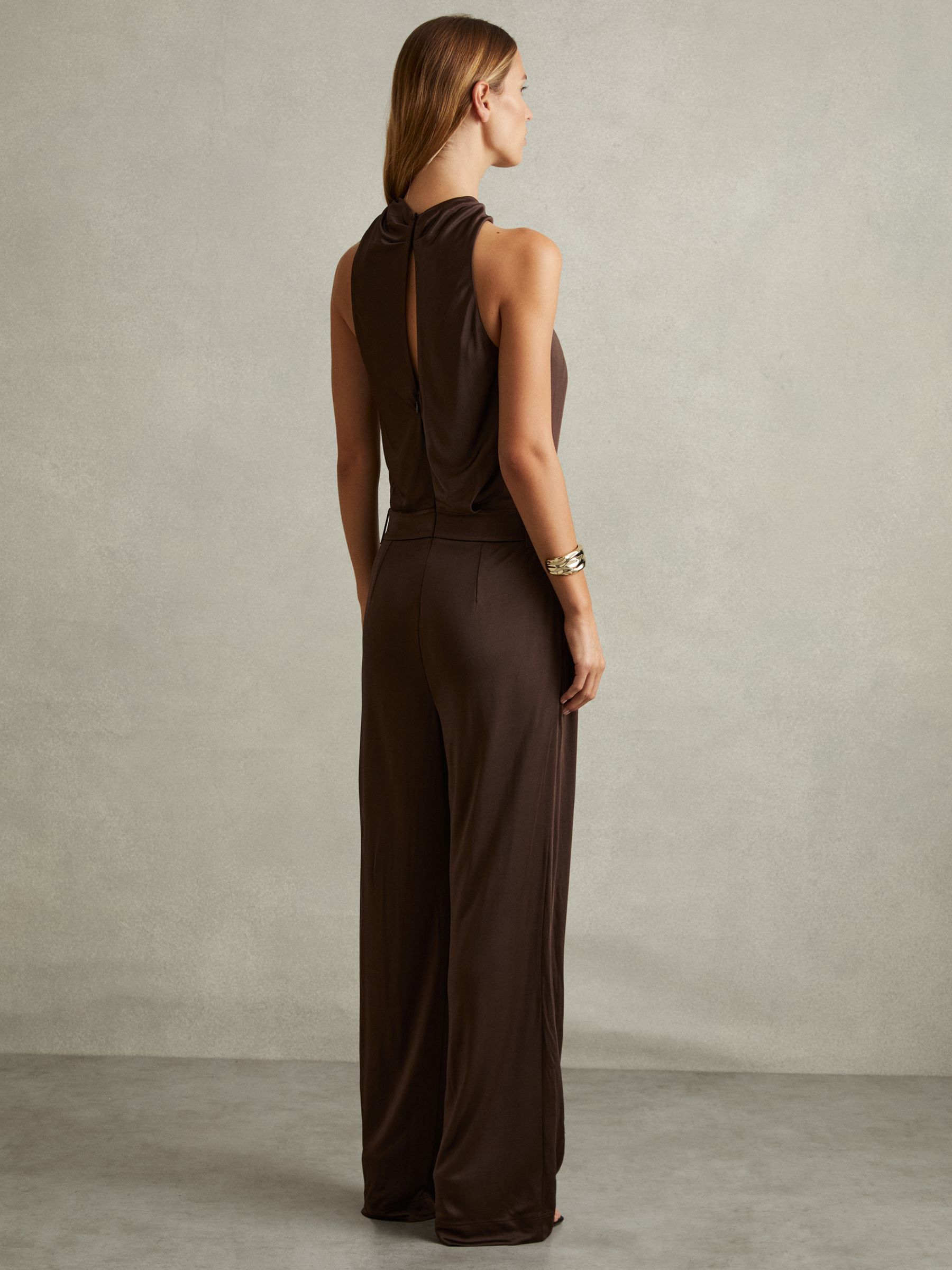 Claudia Chocolate Jersey Halter Neck Wide Leg Jumpsuit