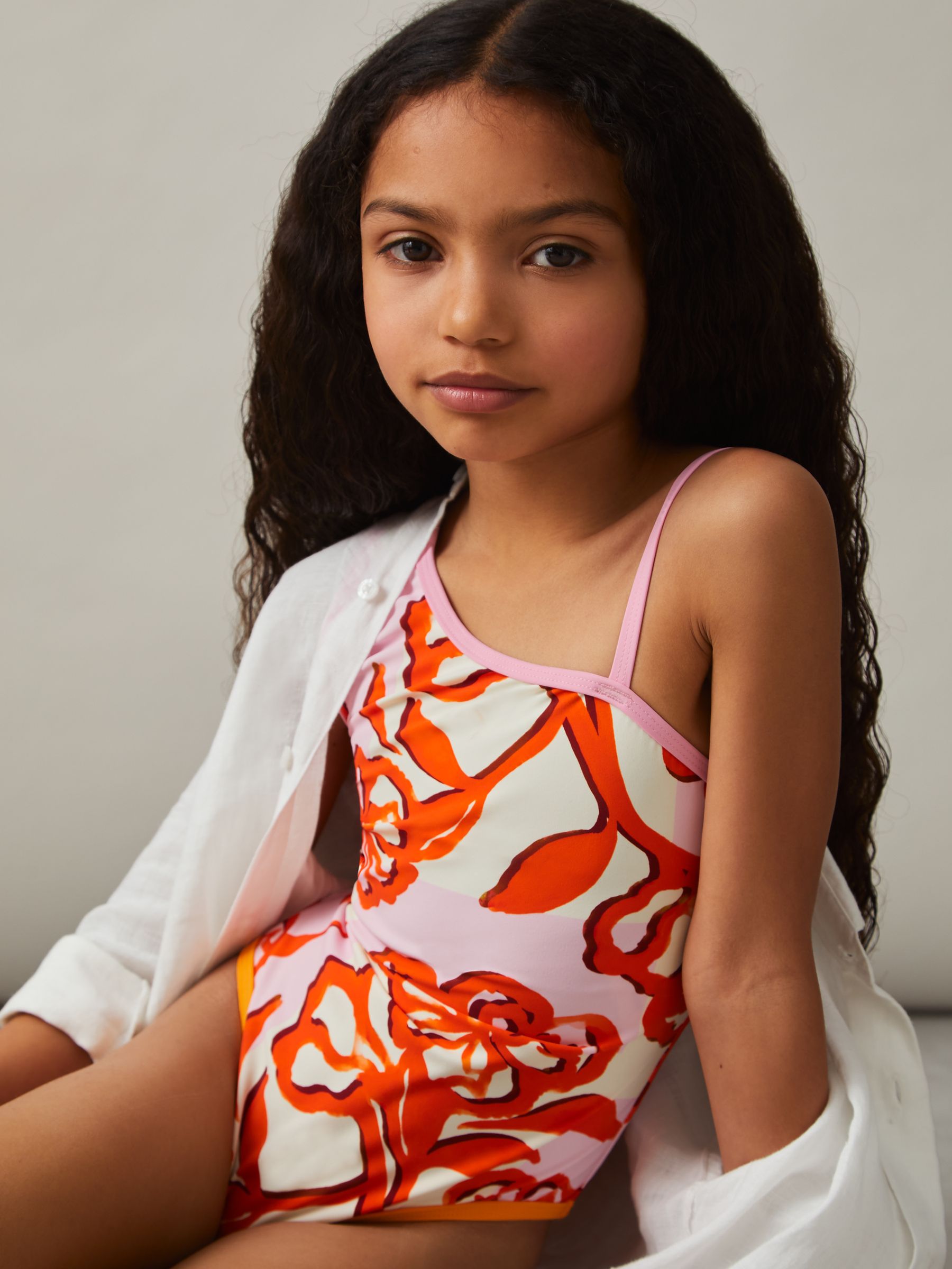 9-13 yrs Floral Print One Shoulder Swimsuit in Pink Print