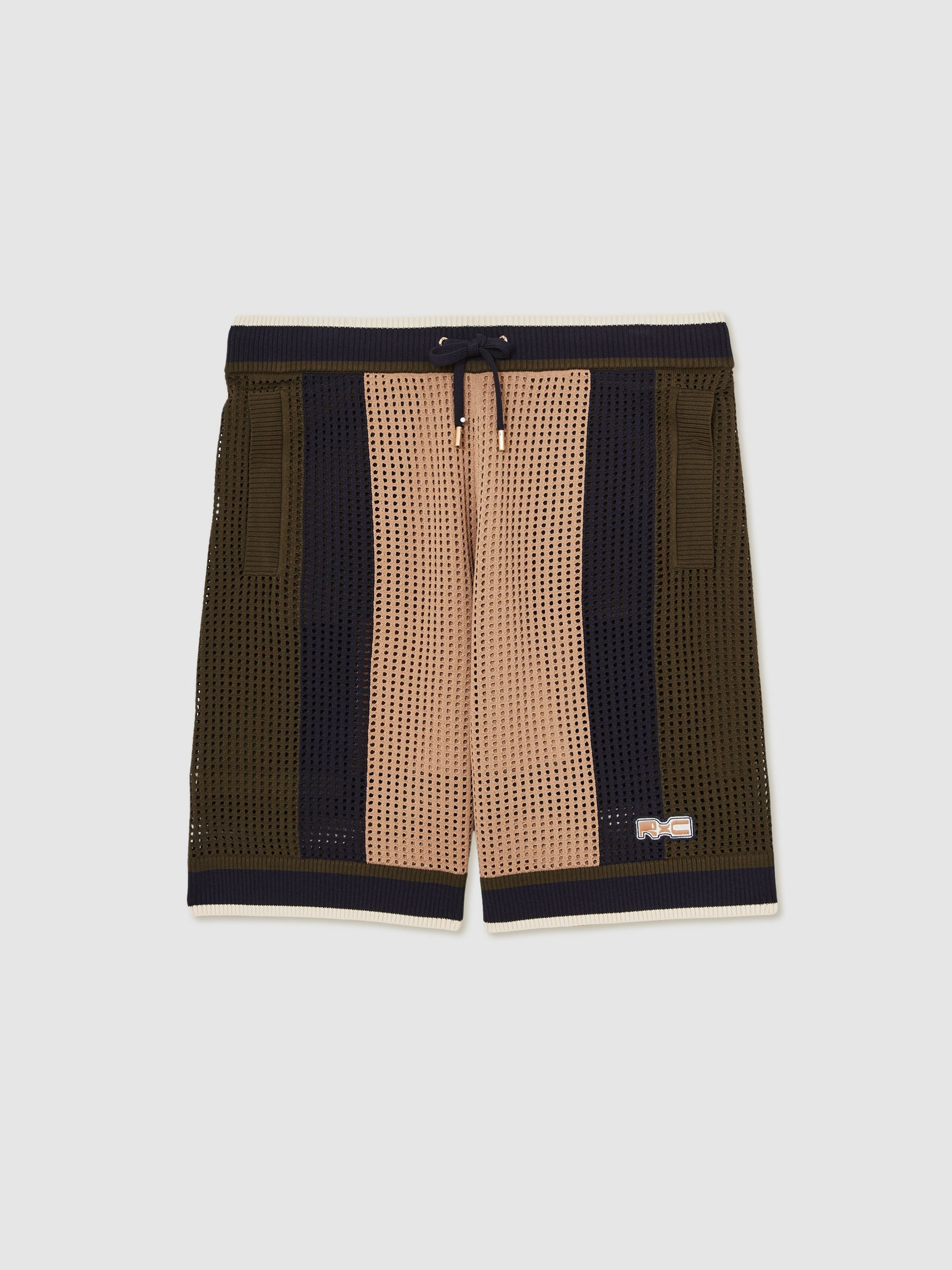 Reiss | Ché Crochet Colour-Block Shorts in Camel/Green