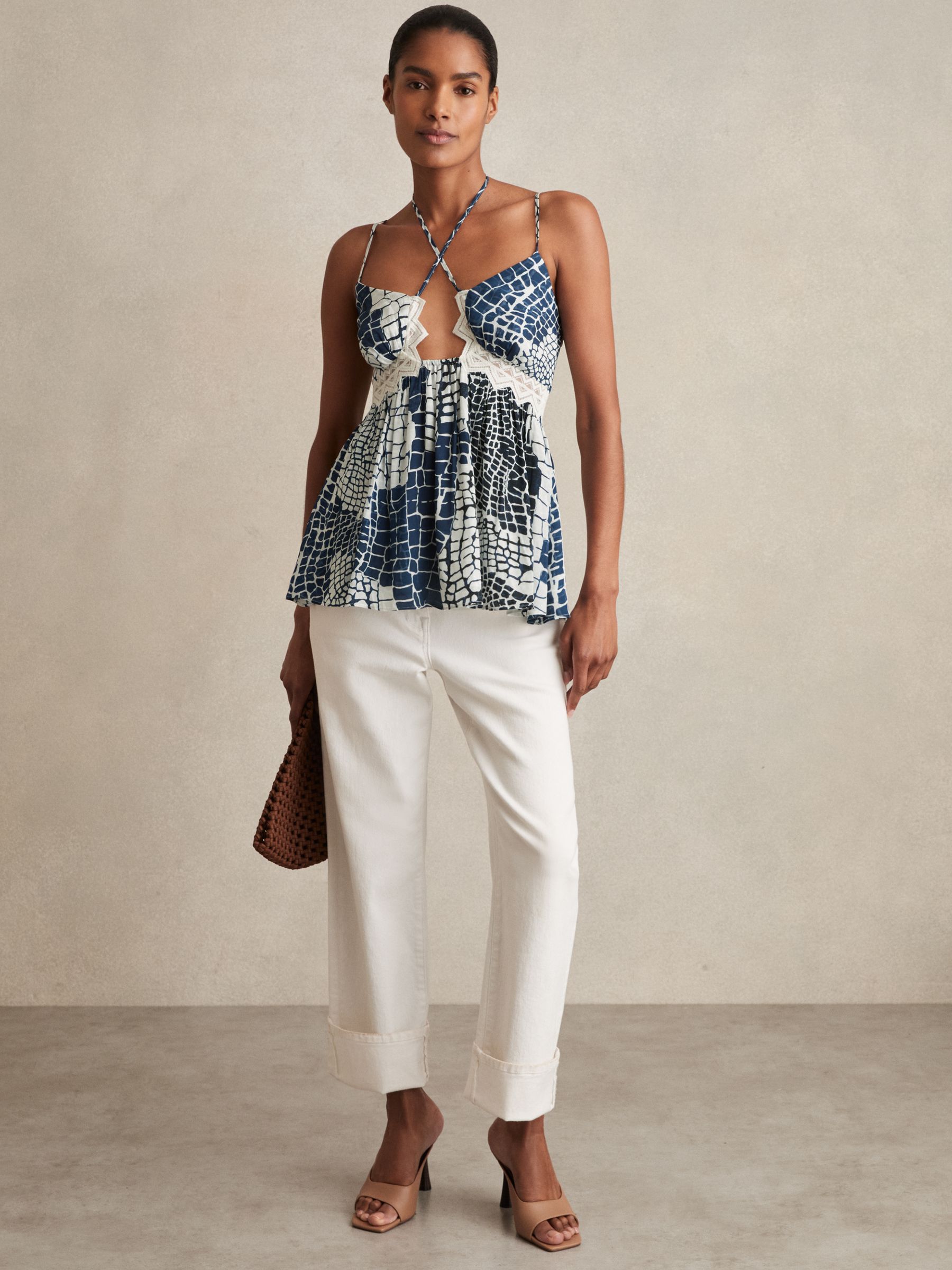 Animal Print Lace Trim Cami Top in Blue