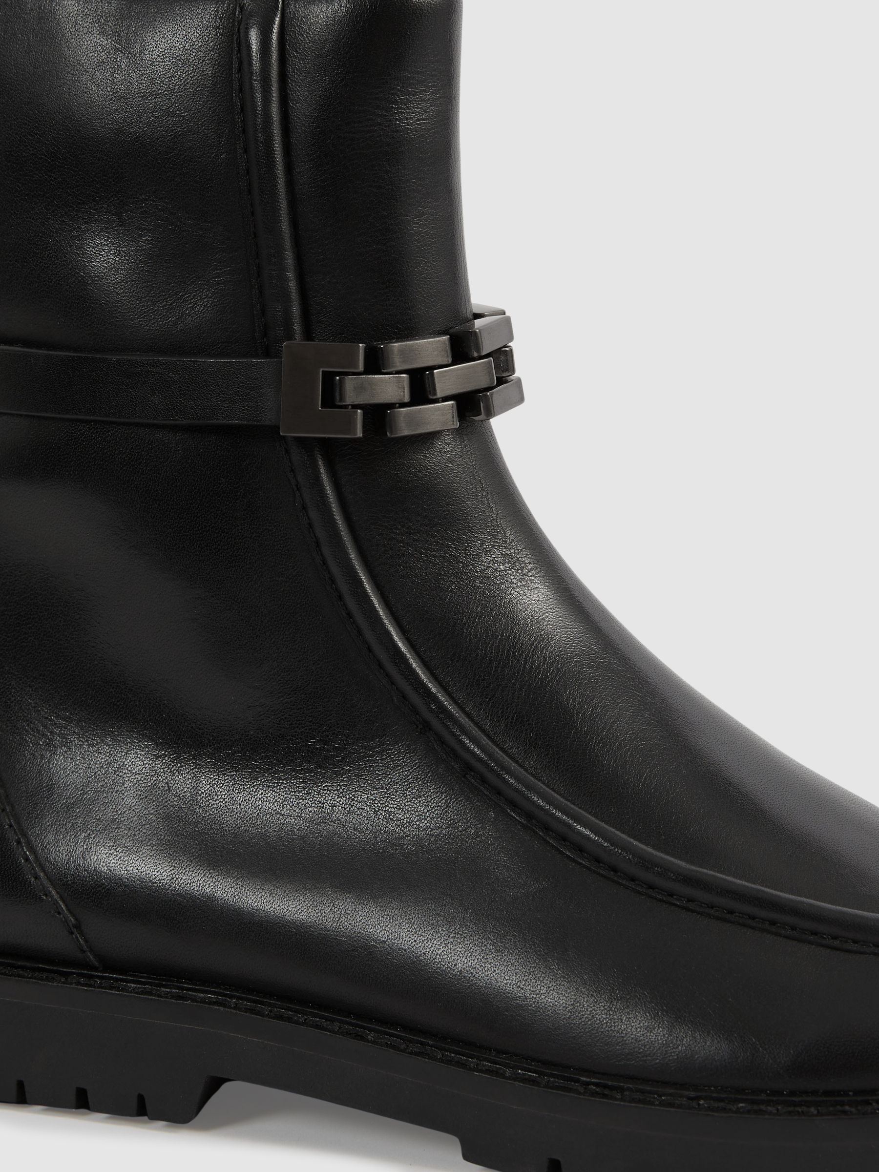 Leather Chain-Strap Ankle Boots in Black