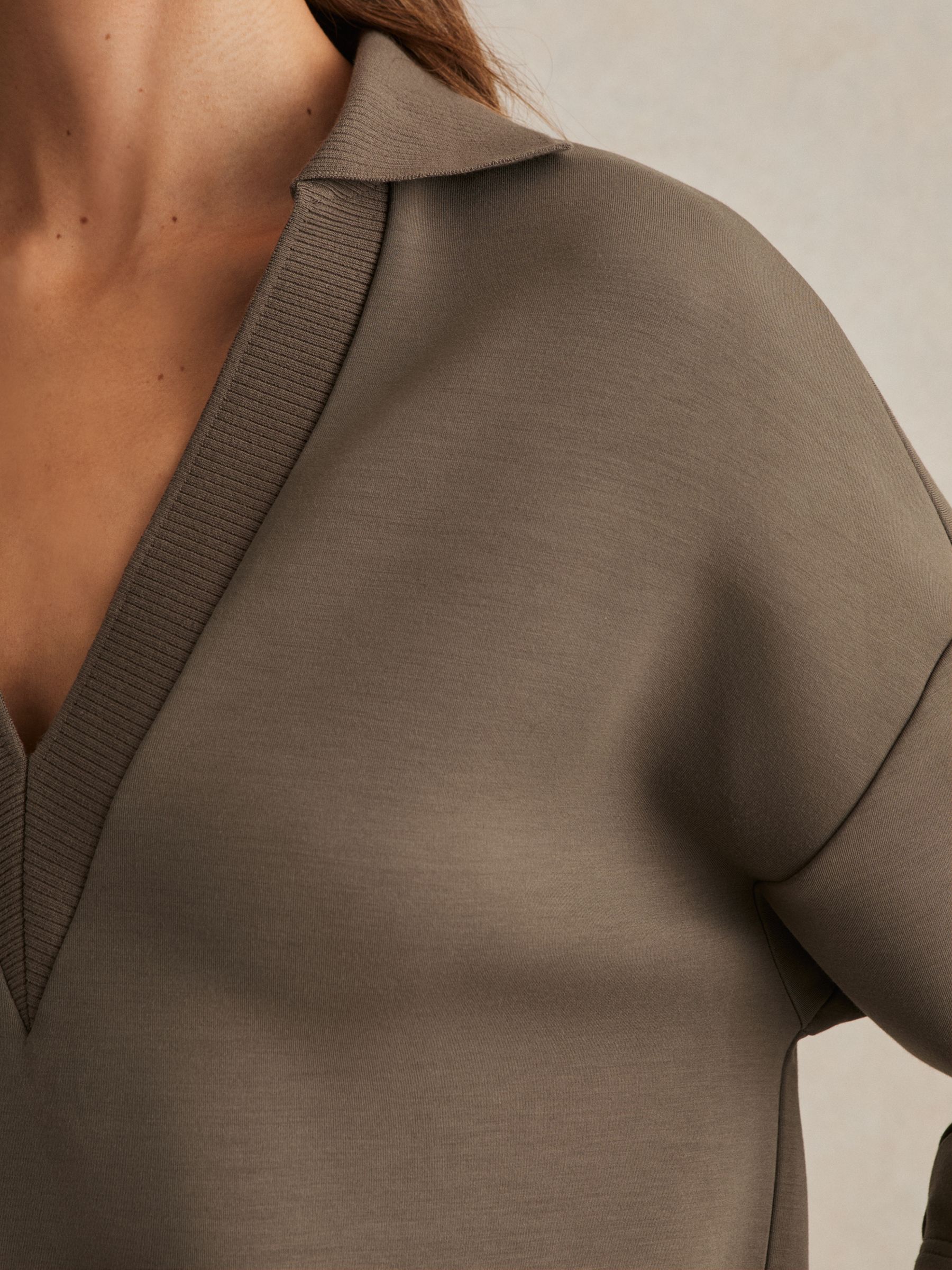 Interlock Open-Collar Sweatshirt in Khaki Green