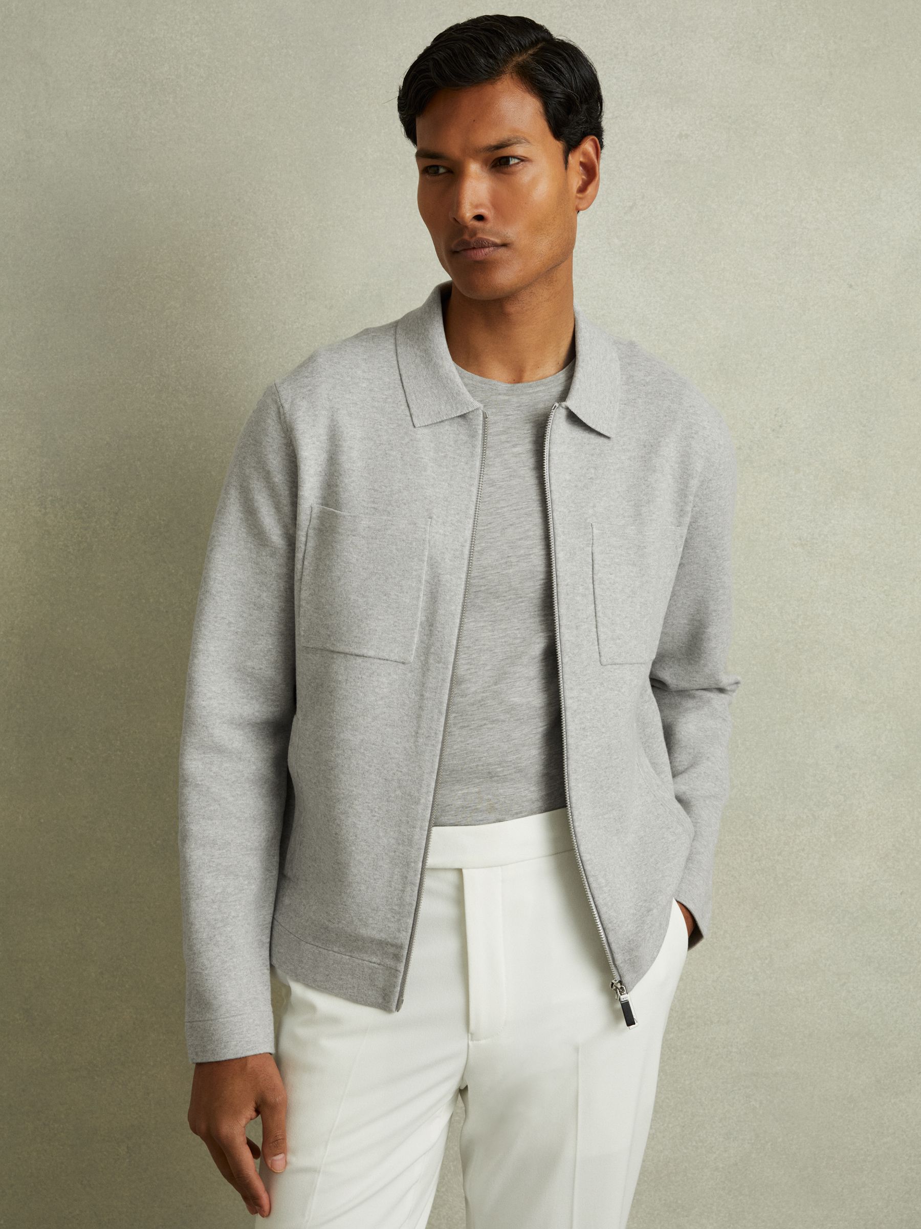 Knitted Zip-Through Jacket in Soft Grey Melange