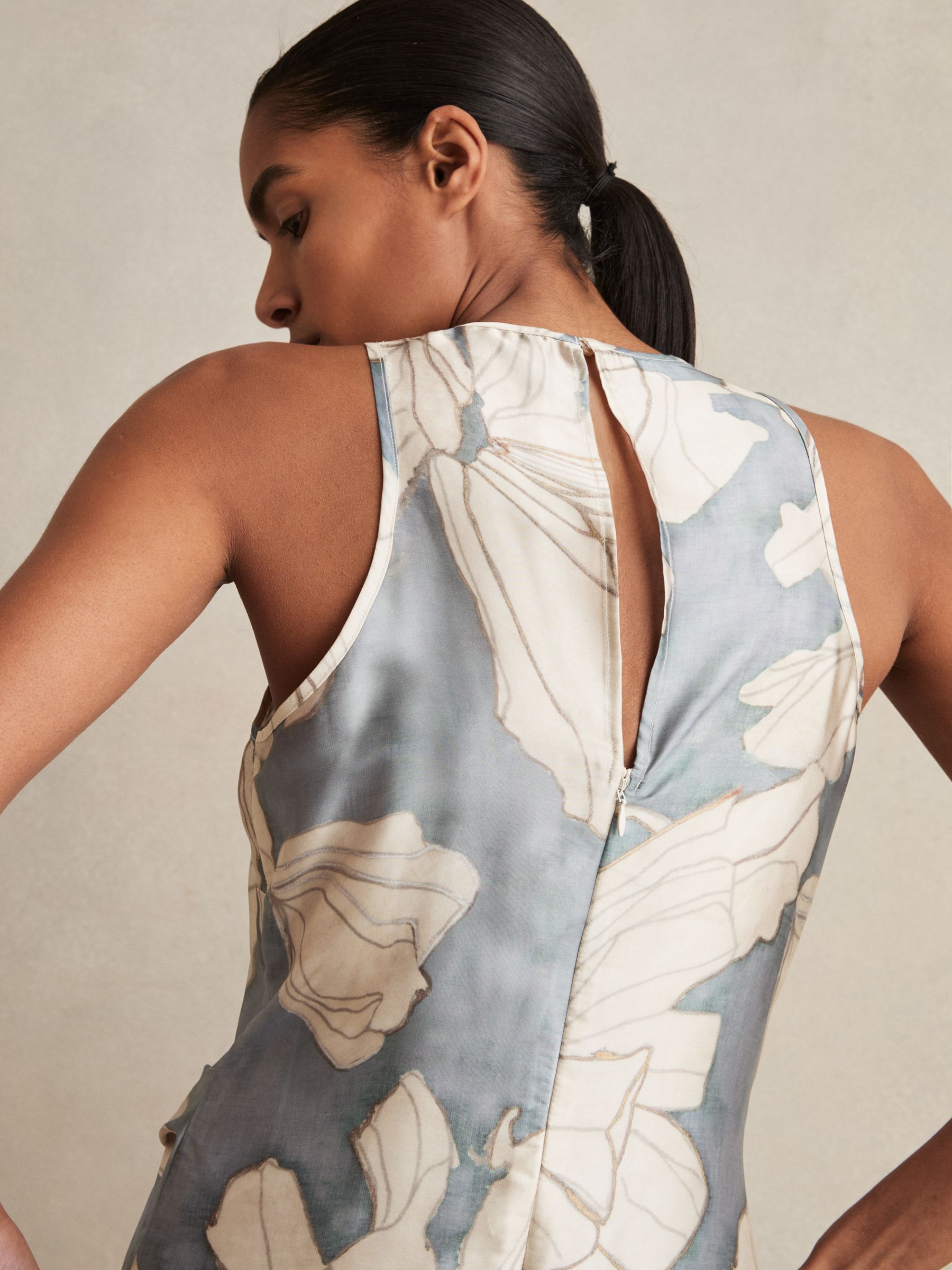 Satin Floral Drape Midi Dress in Blue