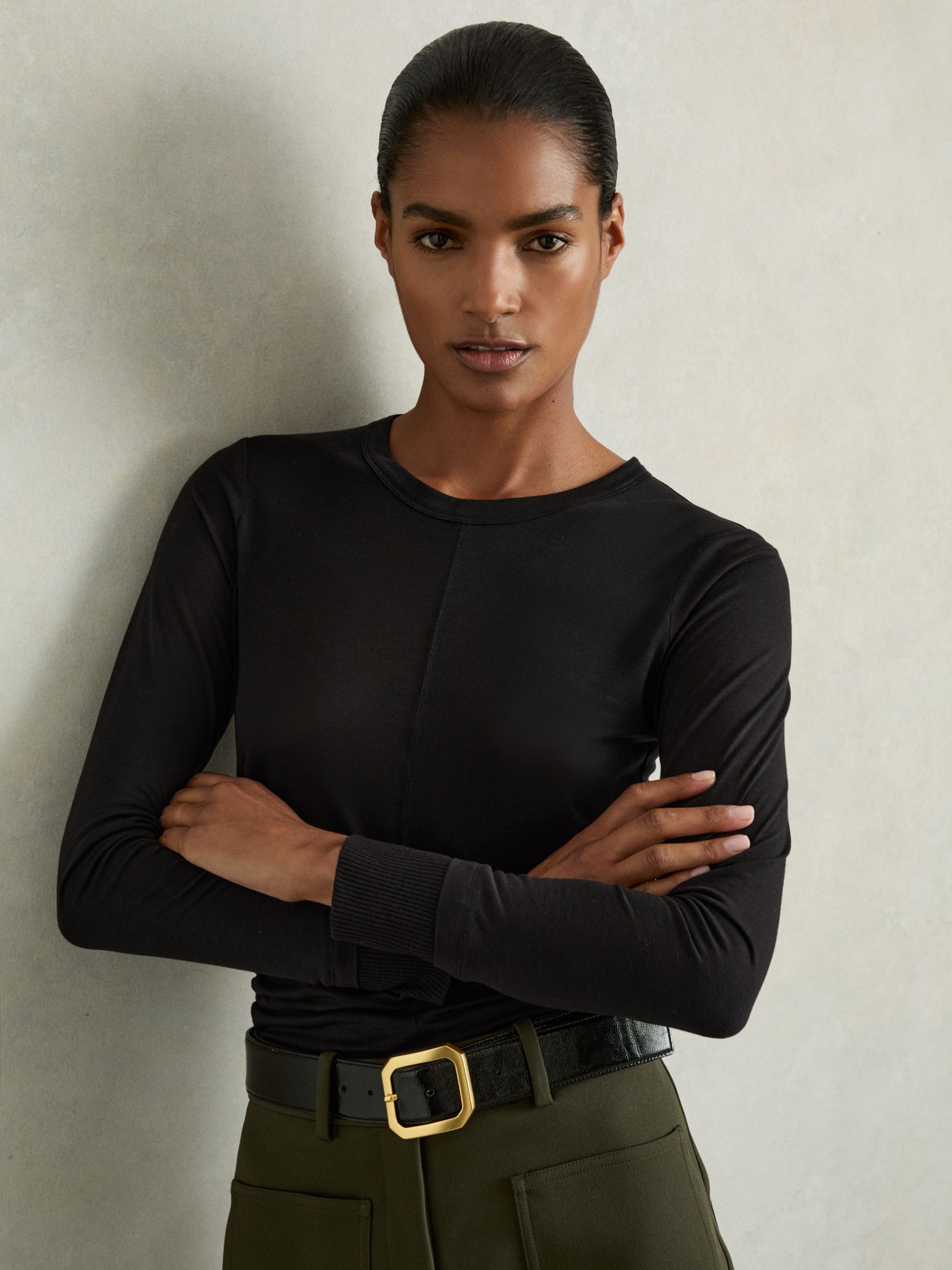 Ruched Side Crew-Neck Top in Black
