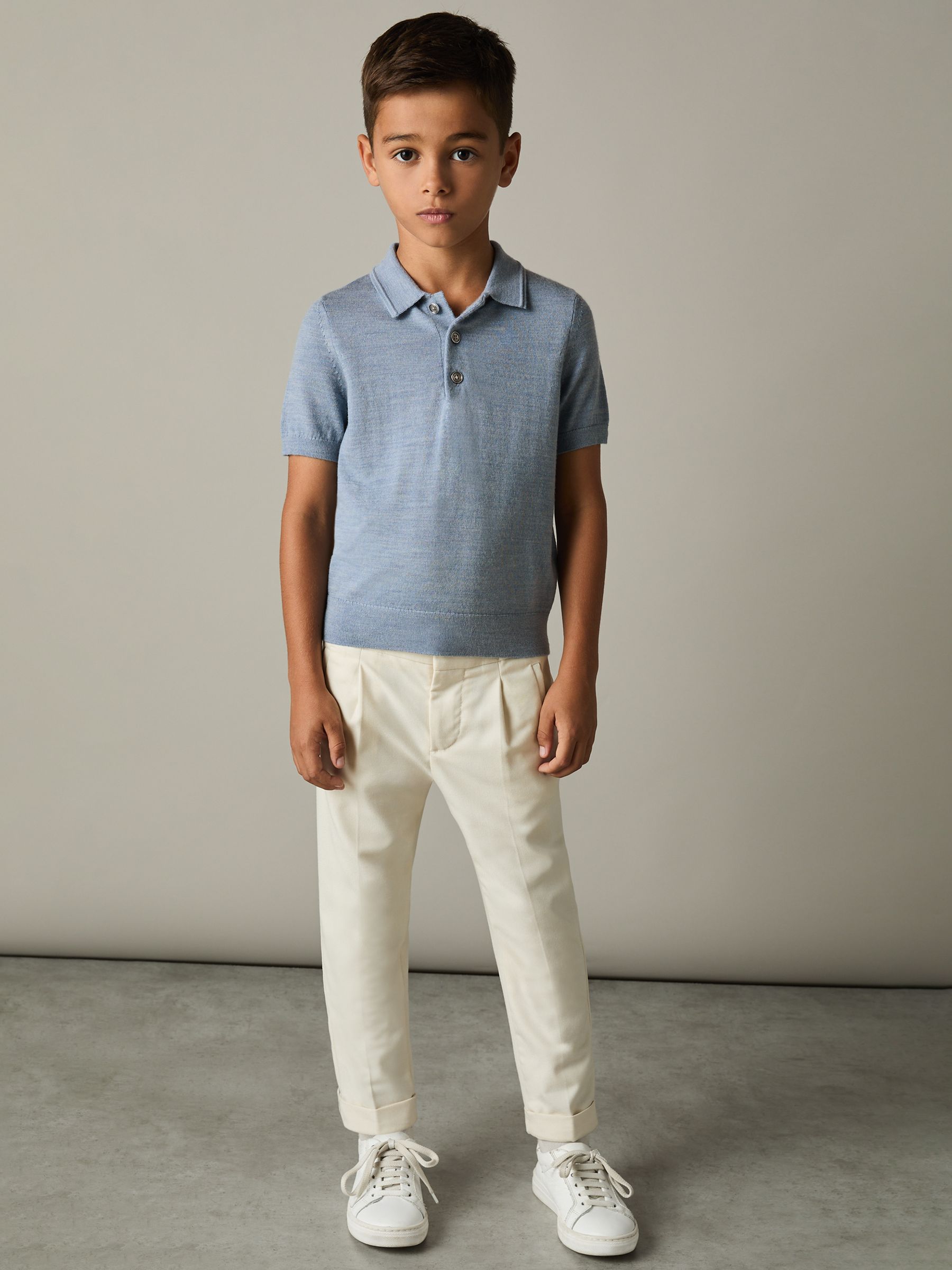 9-13 yrs Merino Polo Shirt in Soft Blue Melange