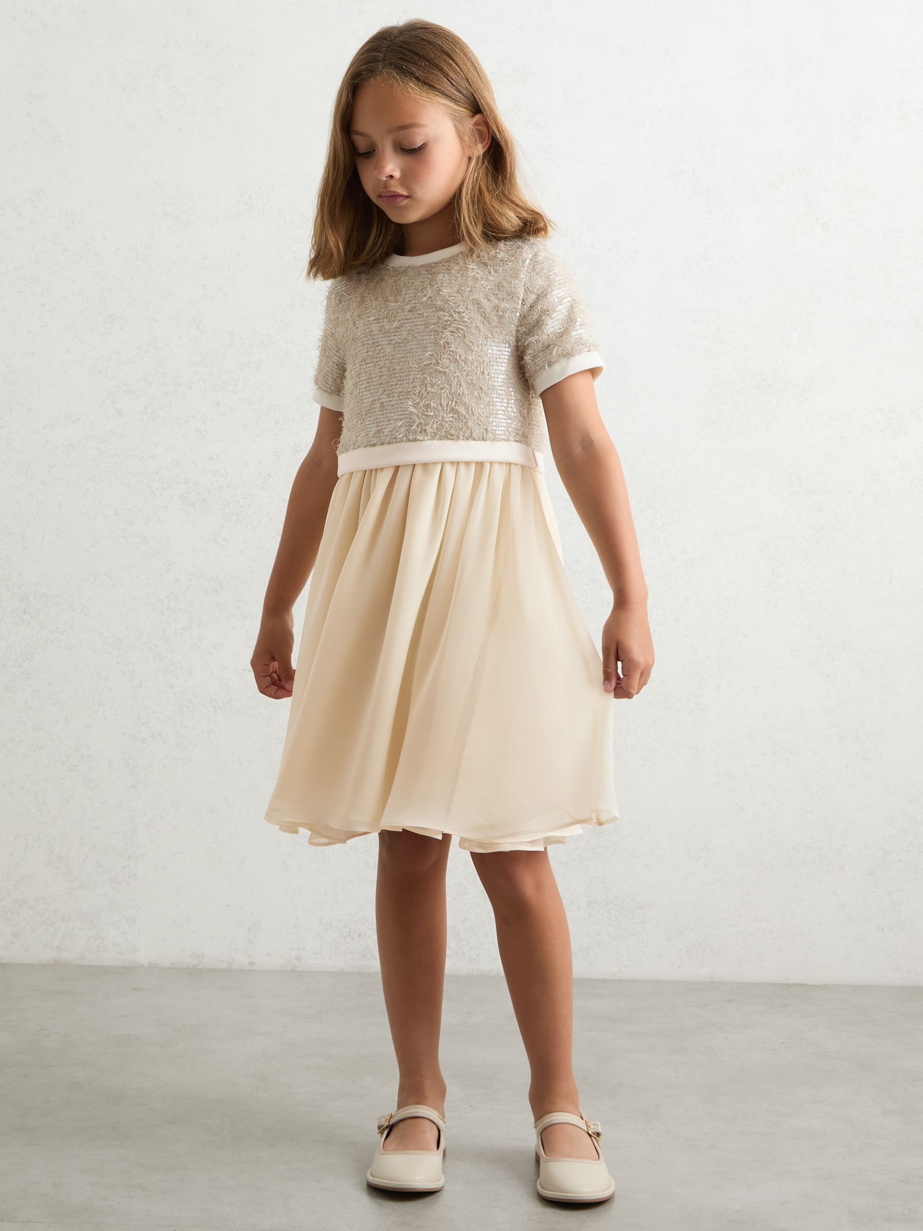 9-13 yrs Sequin-Top Chiffon-Skirt Dress in Champagne