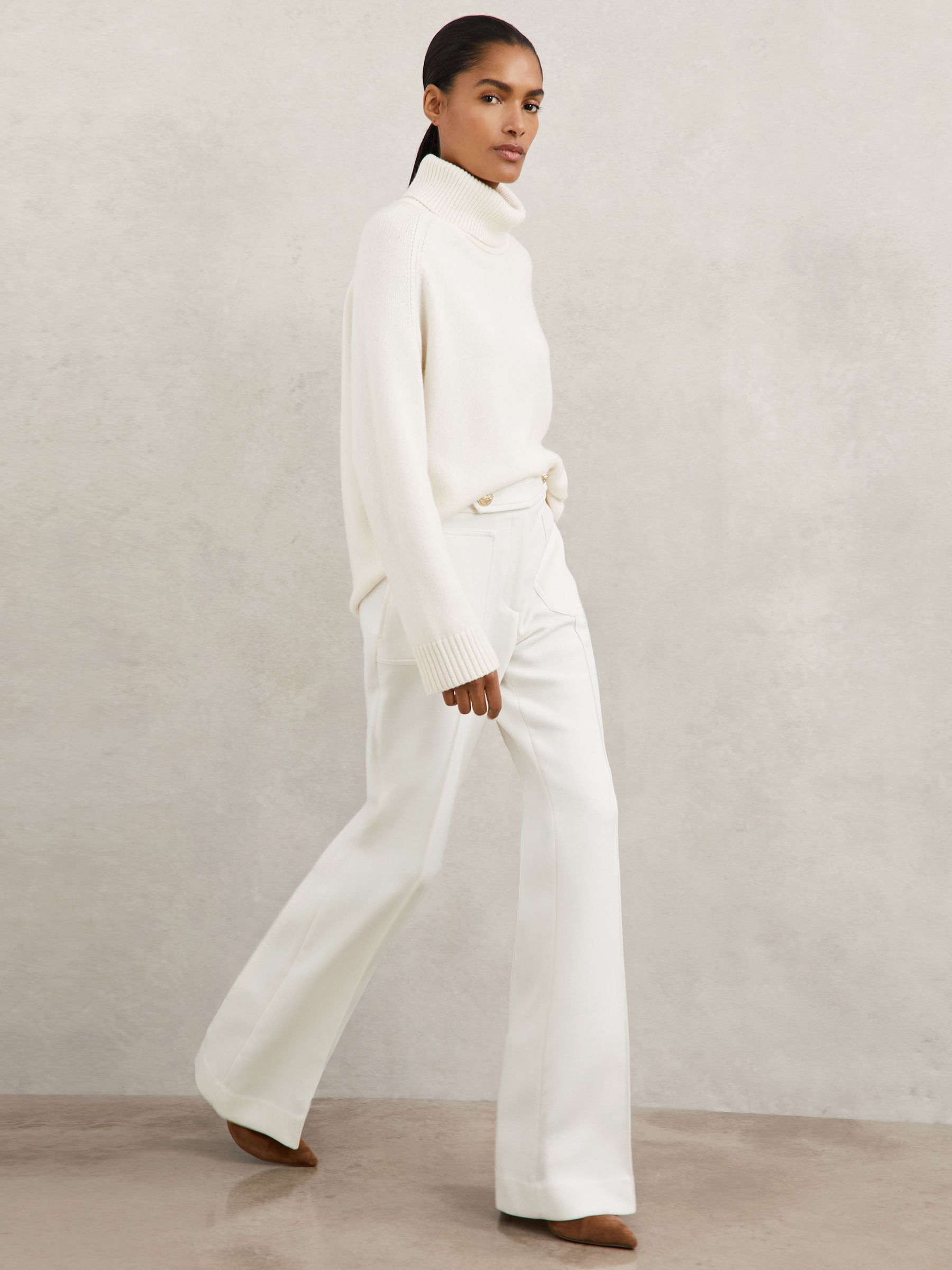 Petite Twill Button-Tab Flared Trousers With Wool in White
