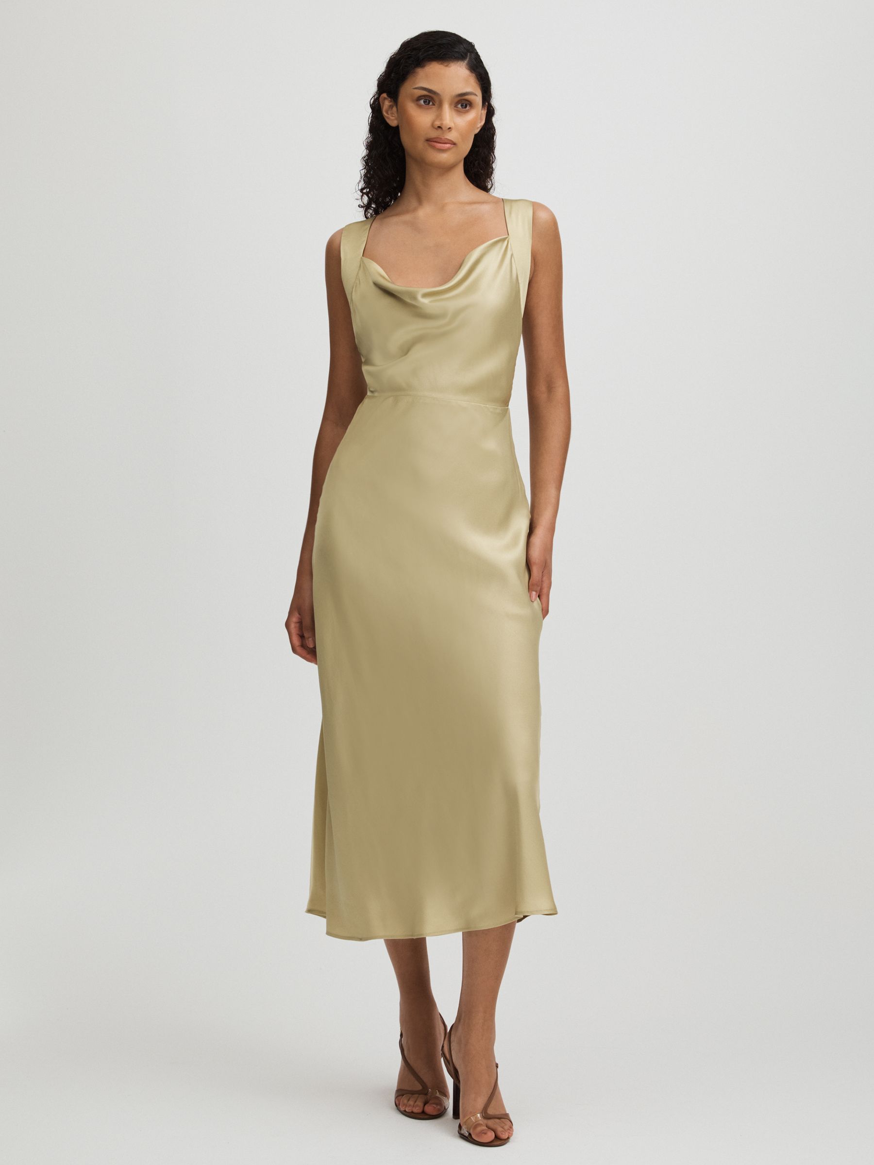Marcel Olive Paige Olive Silk Satin Cowl Neck Midi Dress
