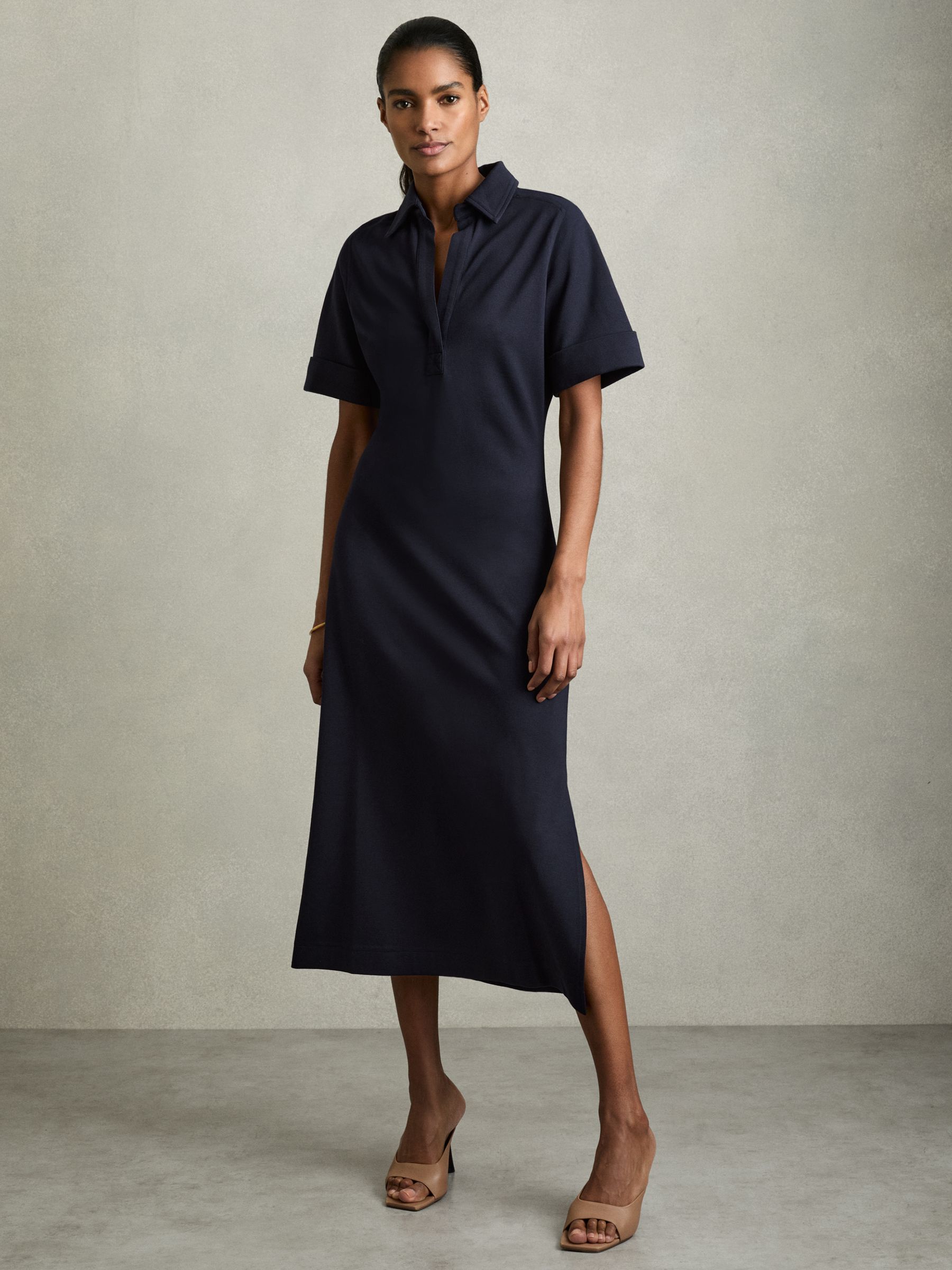 Jersey Open-Collar Bodycon Dress in Navy