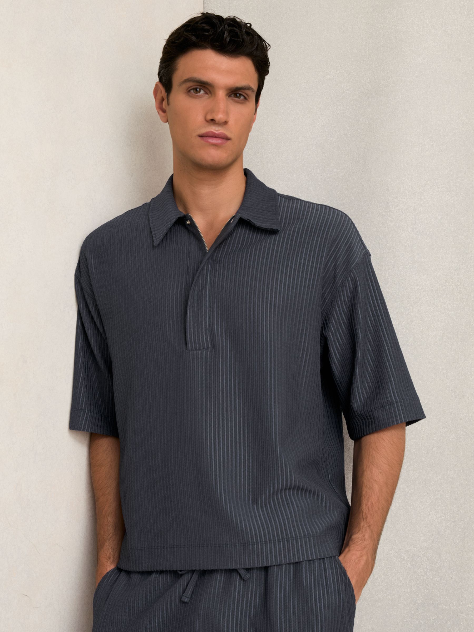 Oversized Textured Stripe Polo Shirt in Petrol Blue