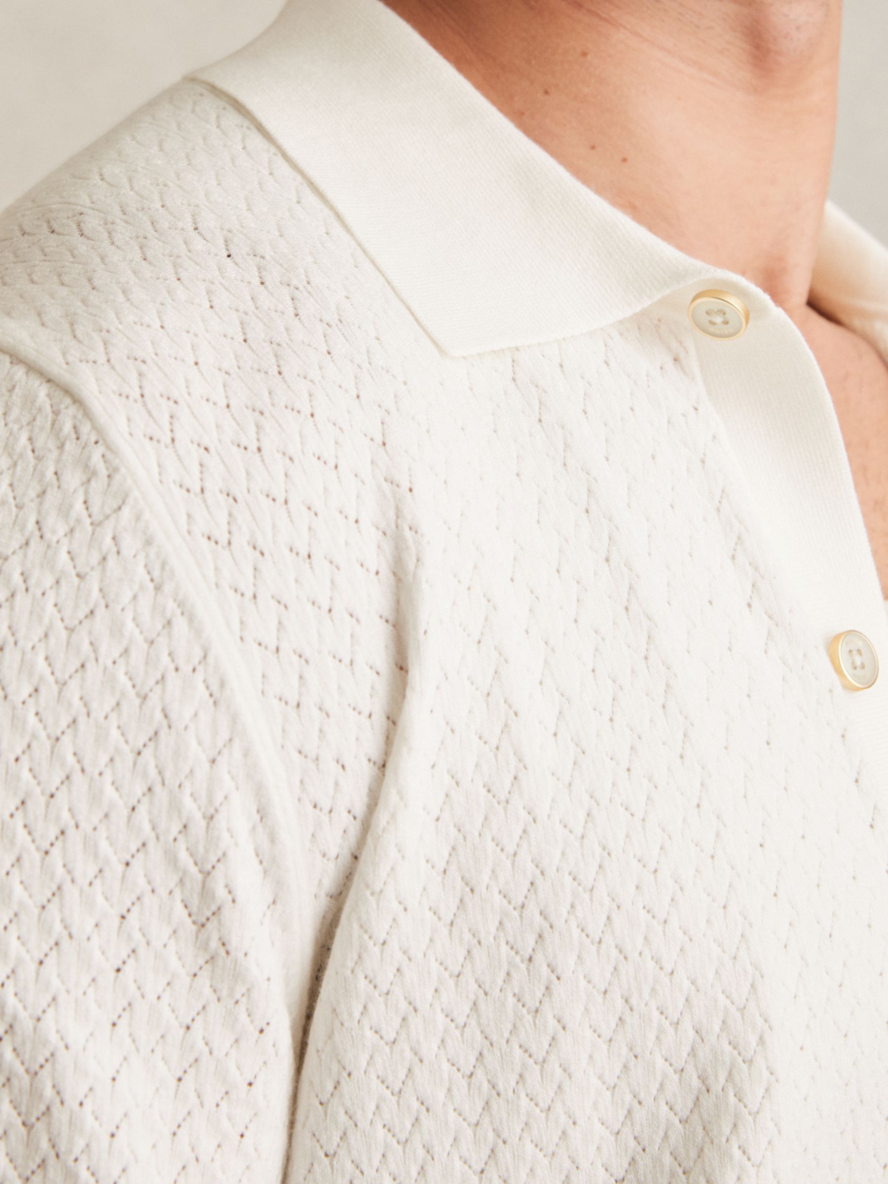 Textured Knit Button-Through Shirt in White