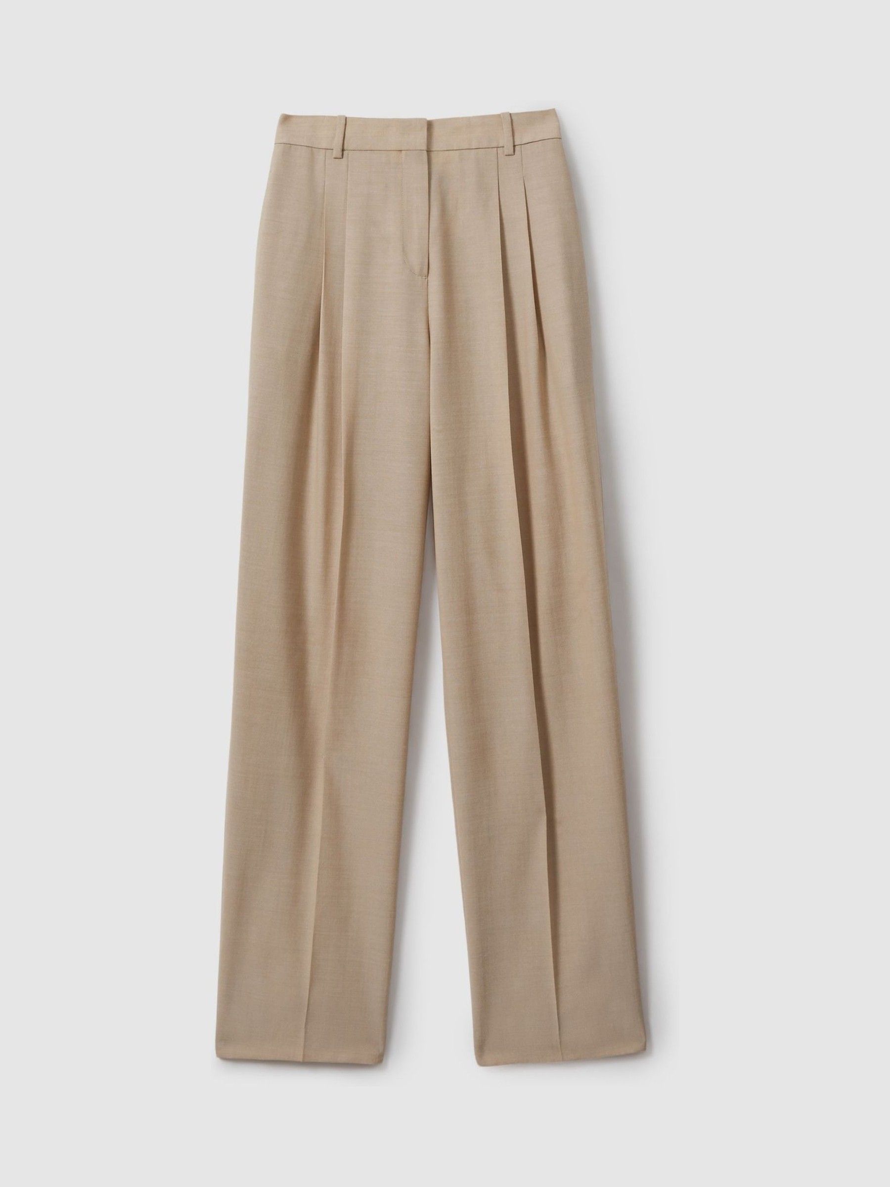 Wool Pleat Front Wide Leg Suit Trousers in Neutral
