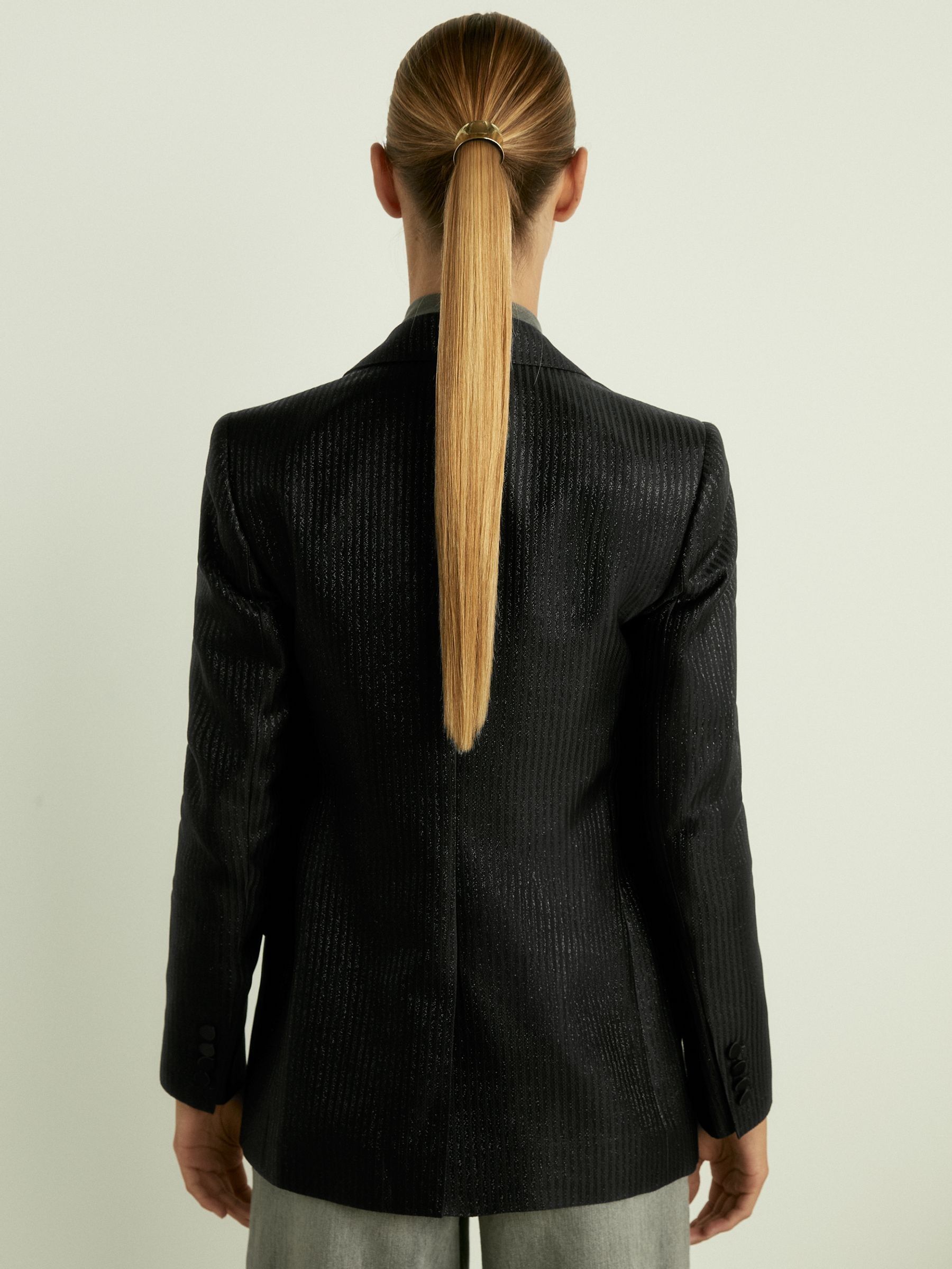 Single-Breasted Lamé-Stripe Tuxedo Jacket in Black