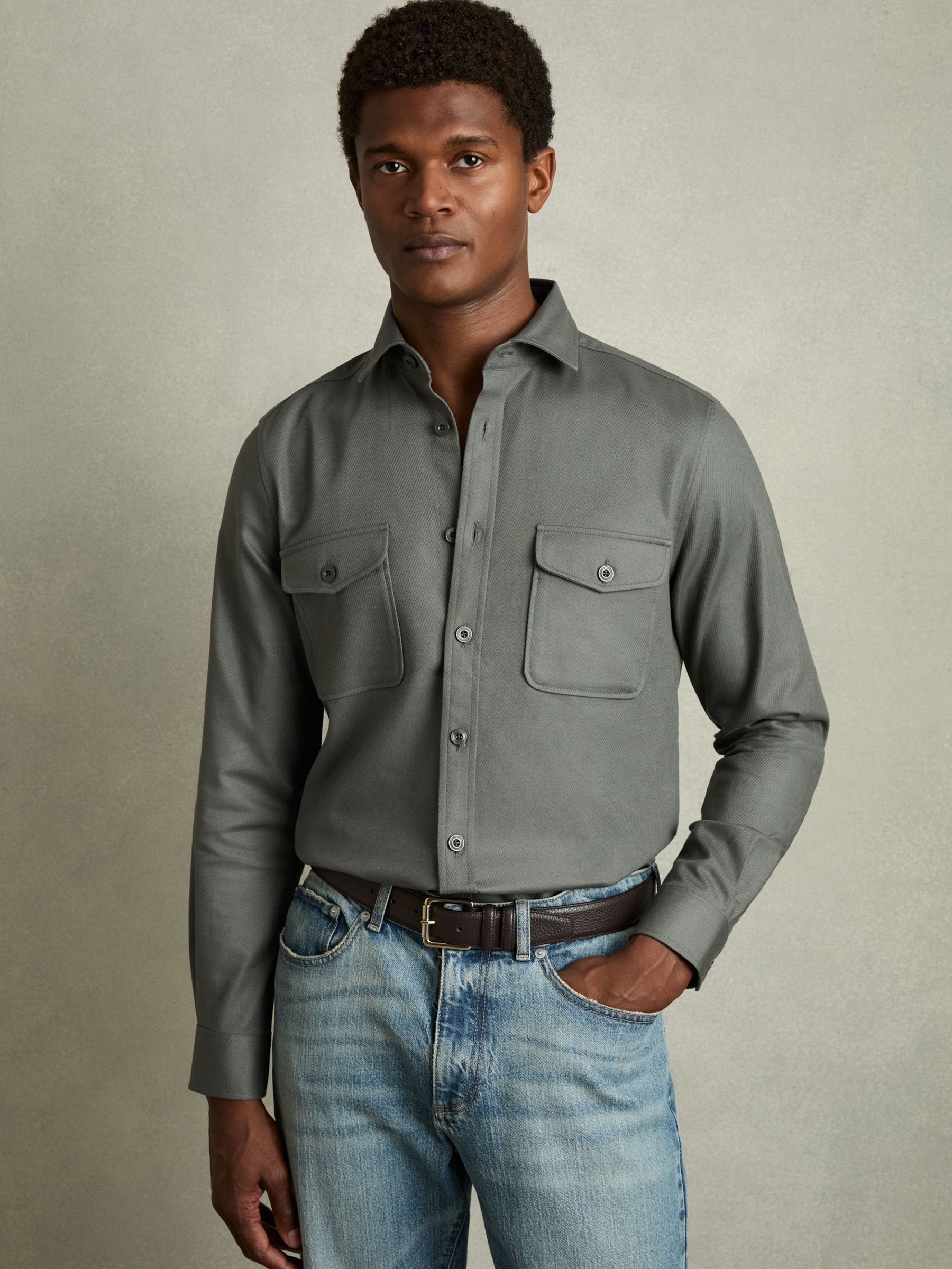 Stretch-Cotton Twill Twin-Pocket Overshirt in Sage
