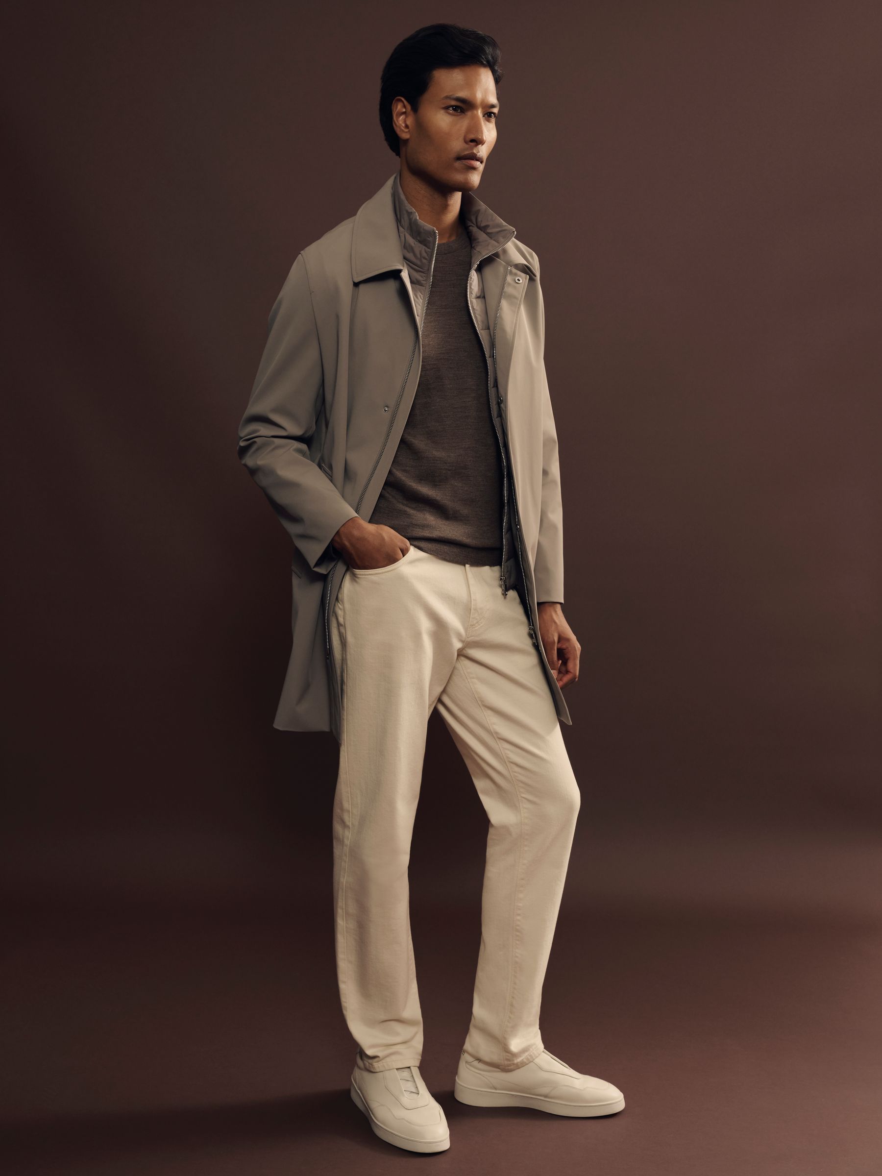 Hybrid Removable Funnel Neck Overcoat in Taupe