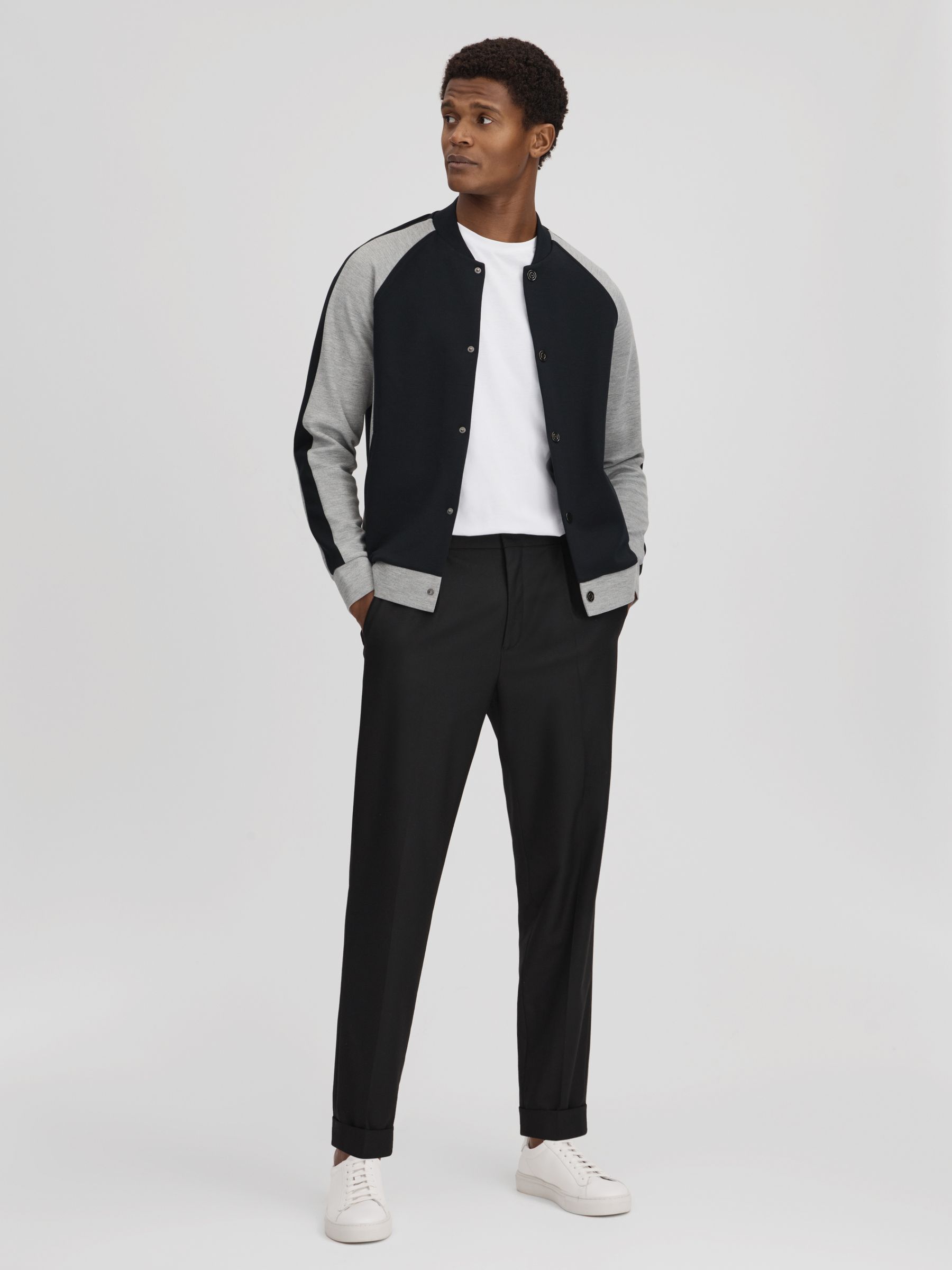 Colourblock Jersey Bomber Jacket in Navy/Grey