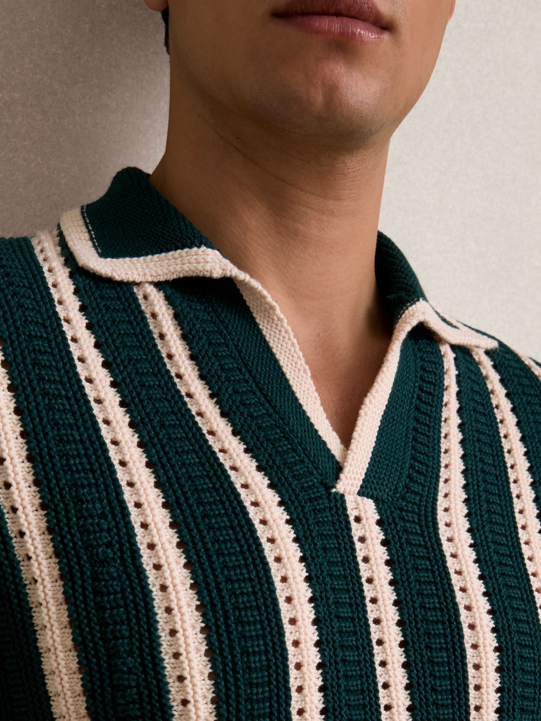 Cotton Blend Stripe Knit Polo Shirt in Dark Teal Green/Ecru