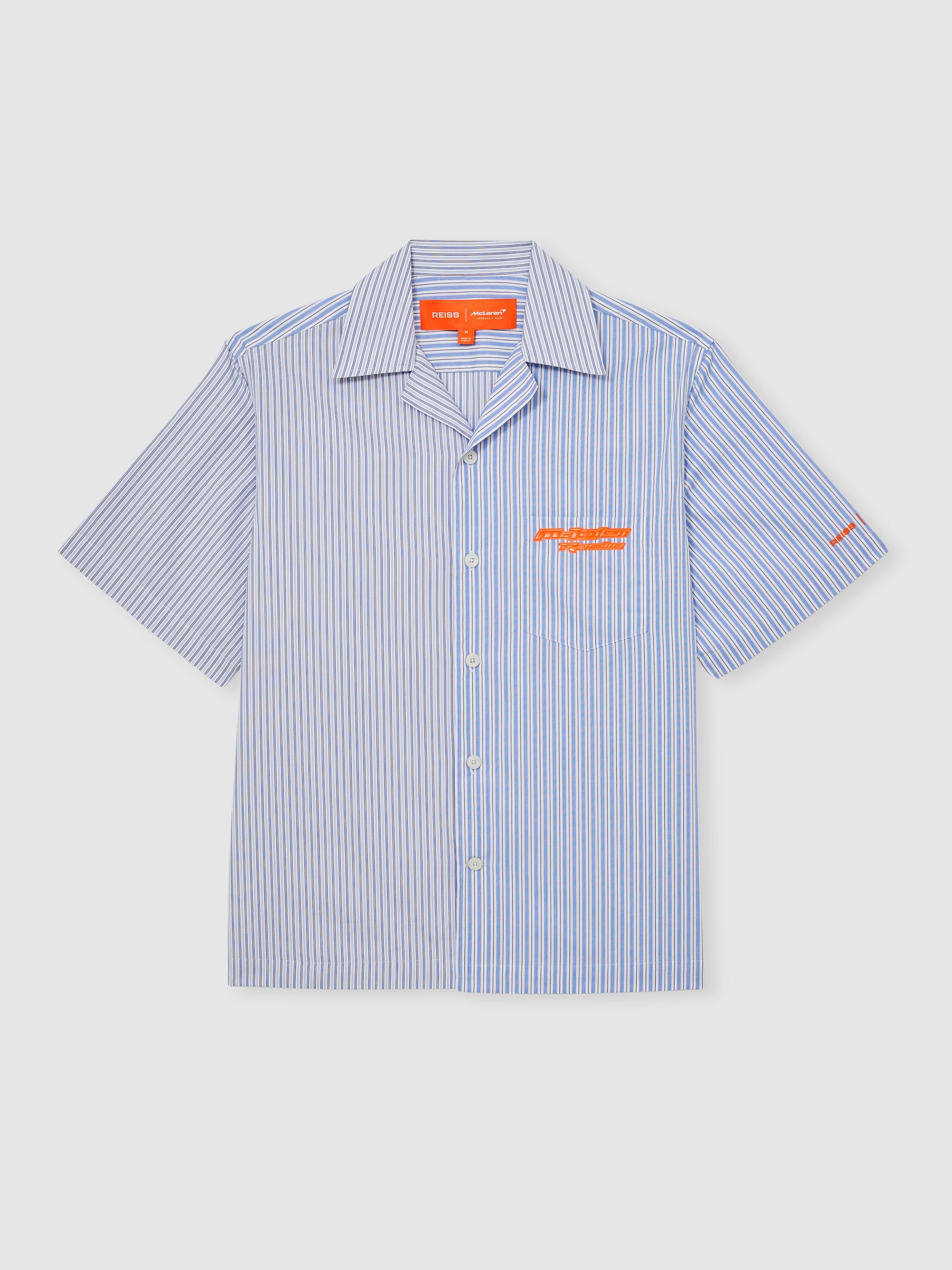 McLaren F1 Team Cuban Collar Striped Shirt in Soft Blue/White