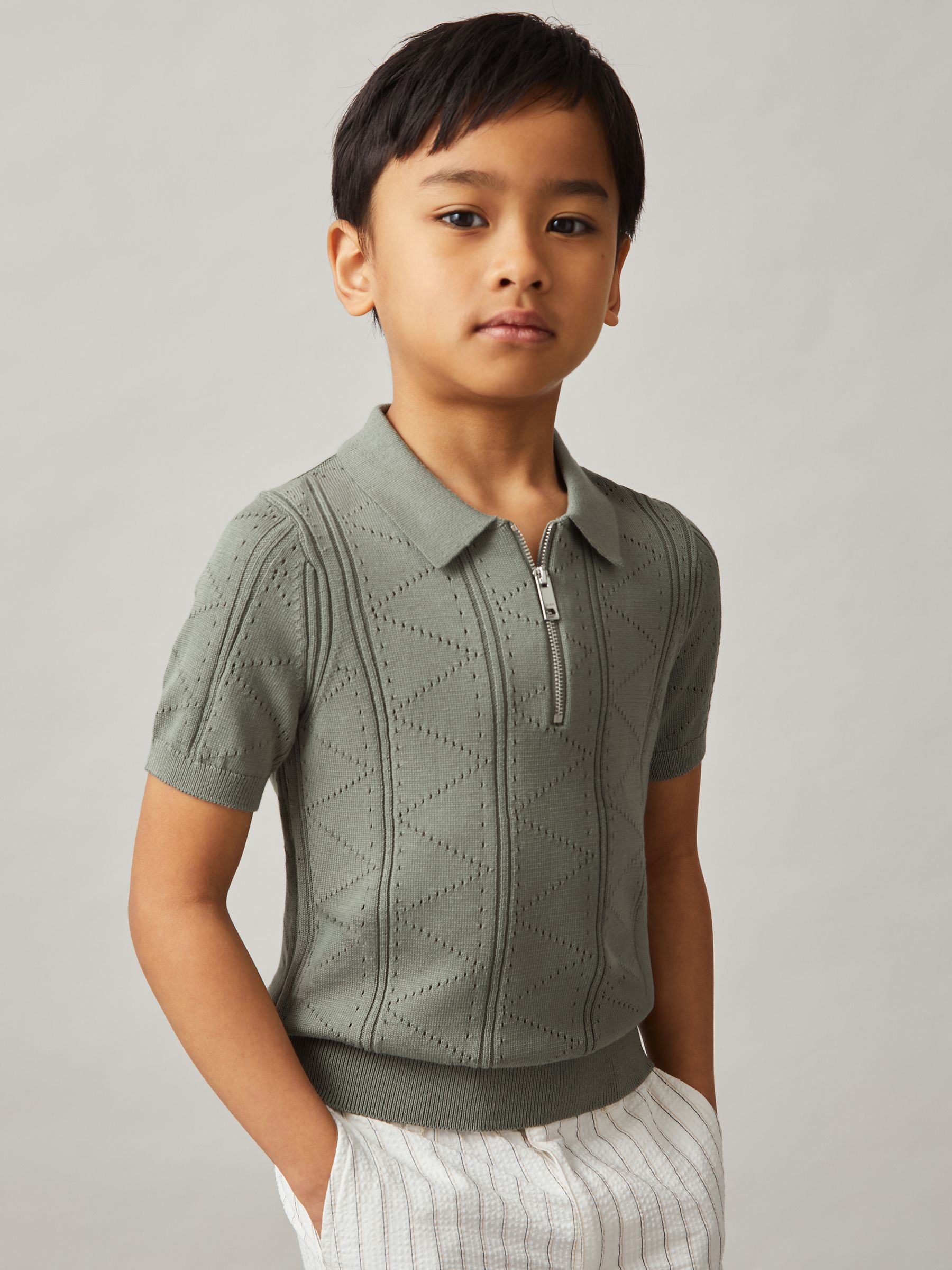 9-13 yrs Half-Zip Pointelle Polo Shirt in Sage