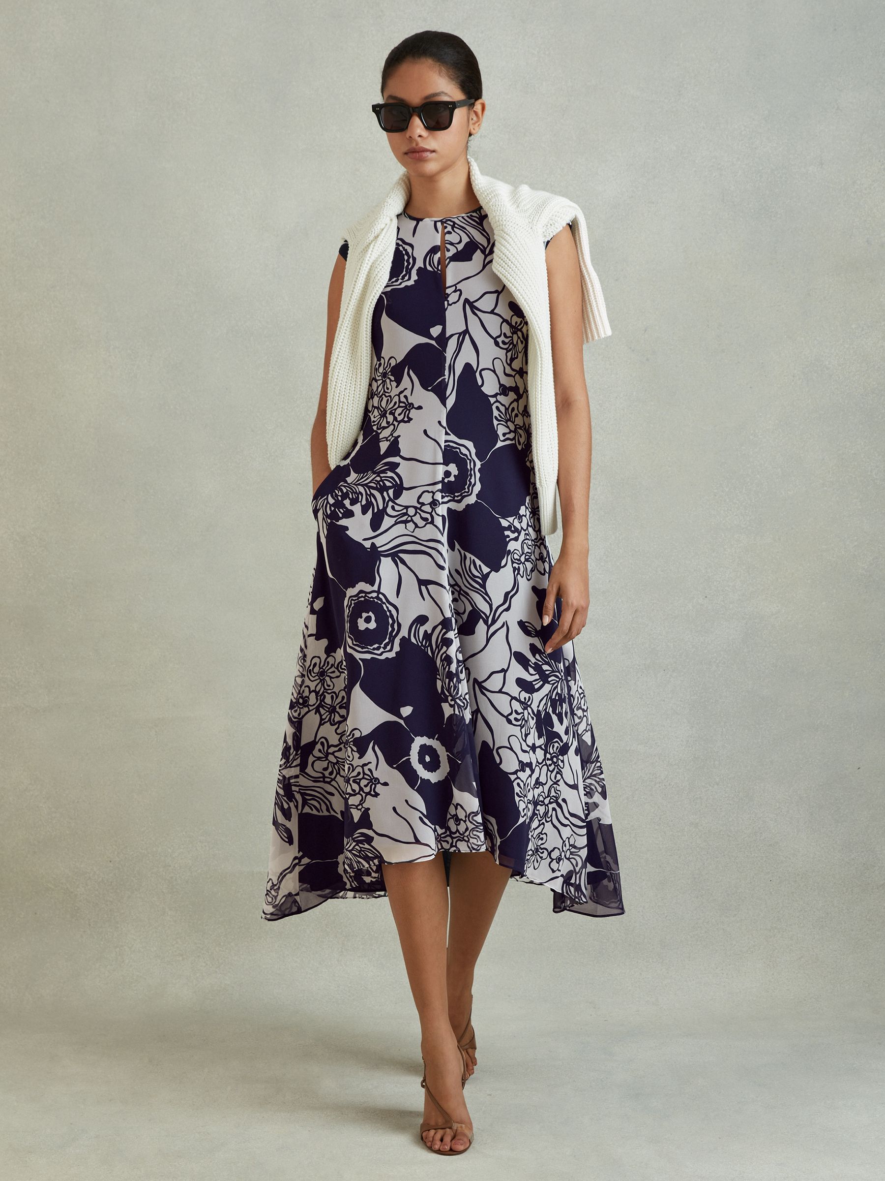 Printed Open Back Midi Dress in Blue