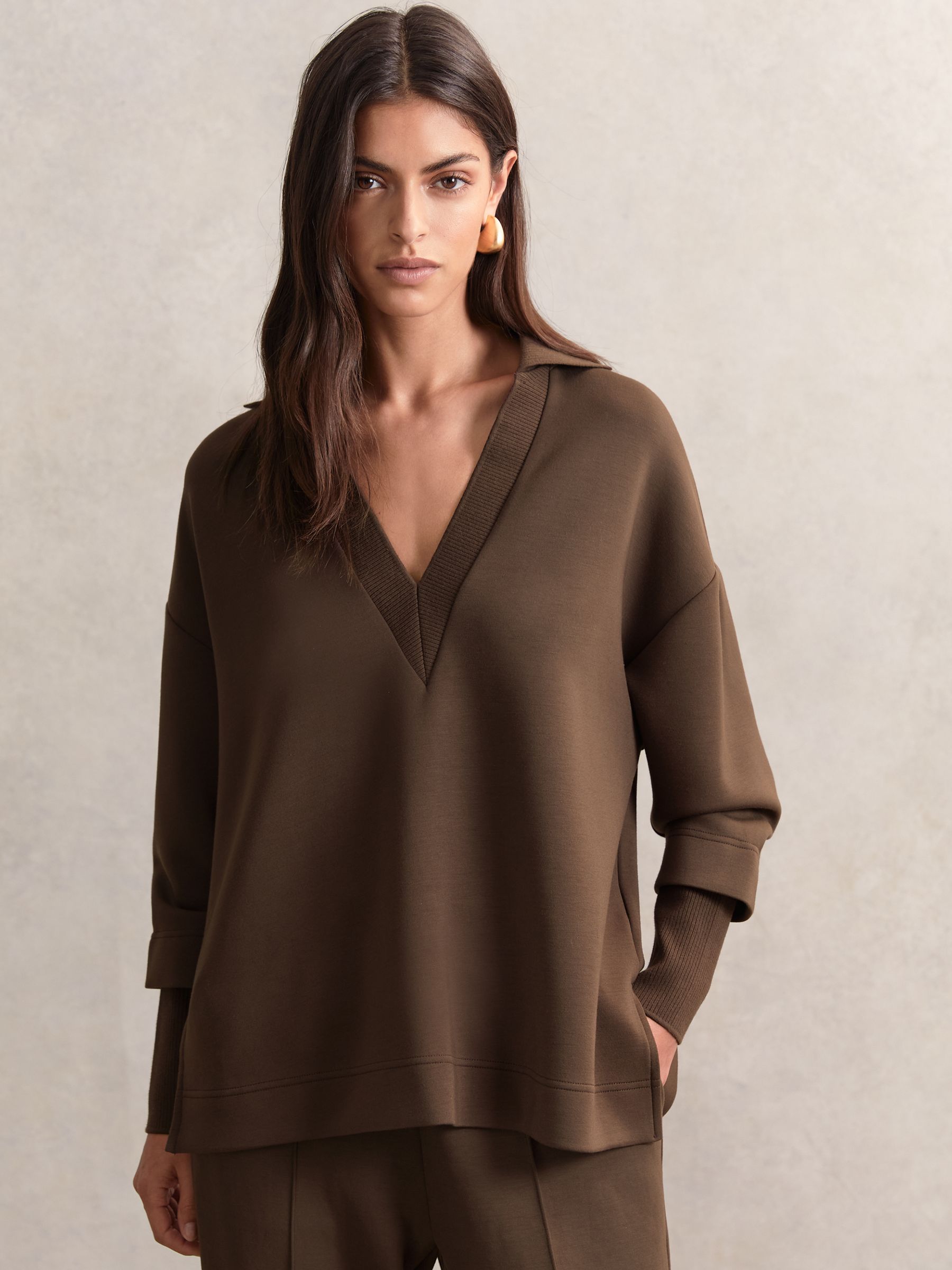 Interlock Open-Collar Sweatshirt in Chocolate