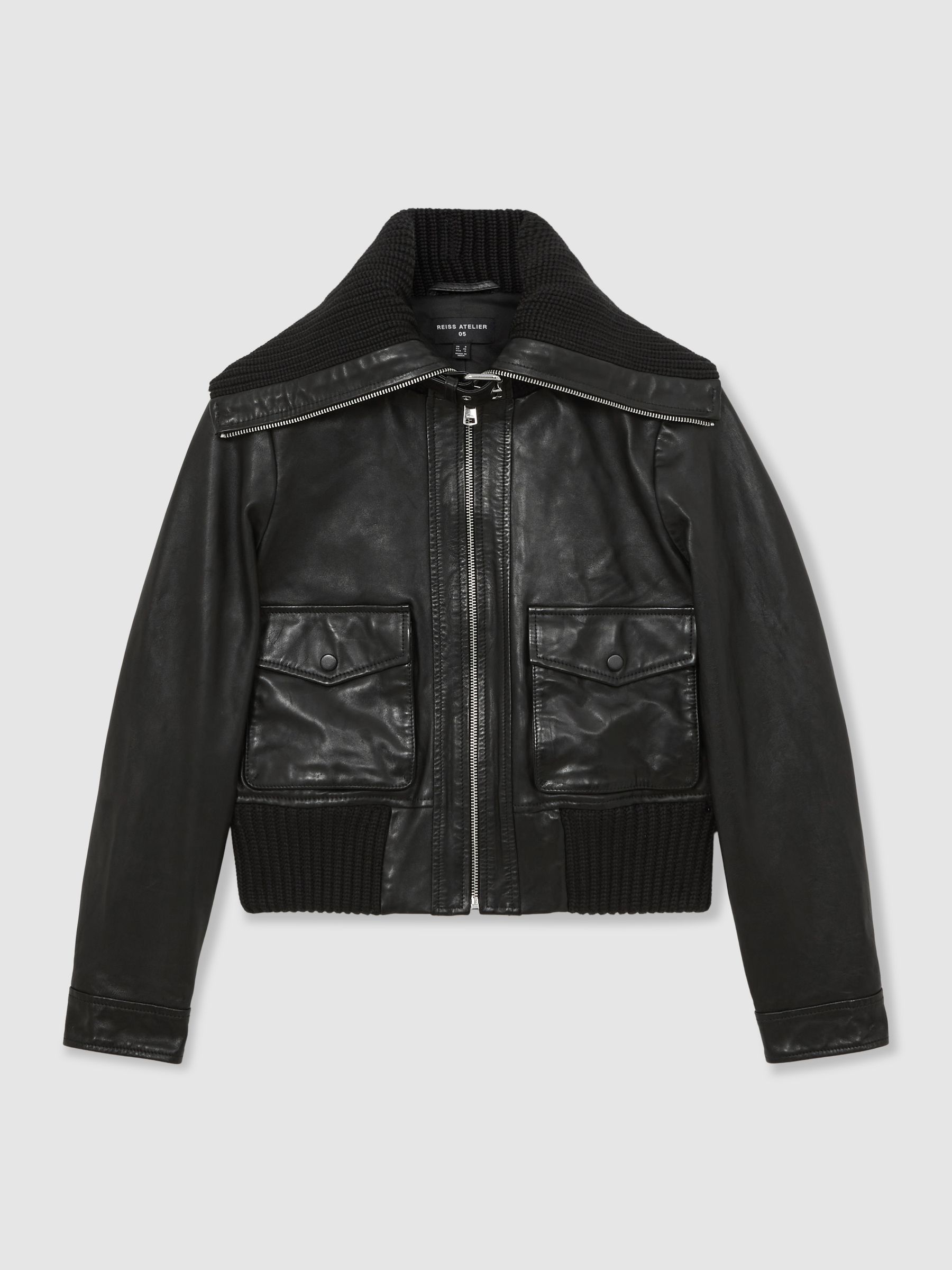 Atelier Leather Rib-Trim Jacket in Black