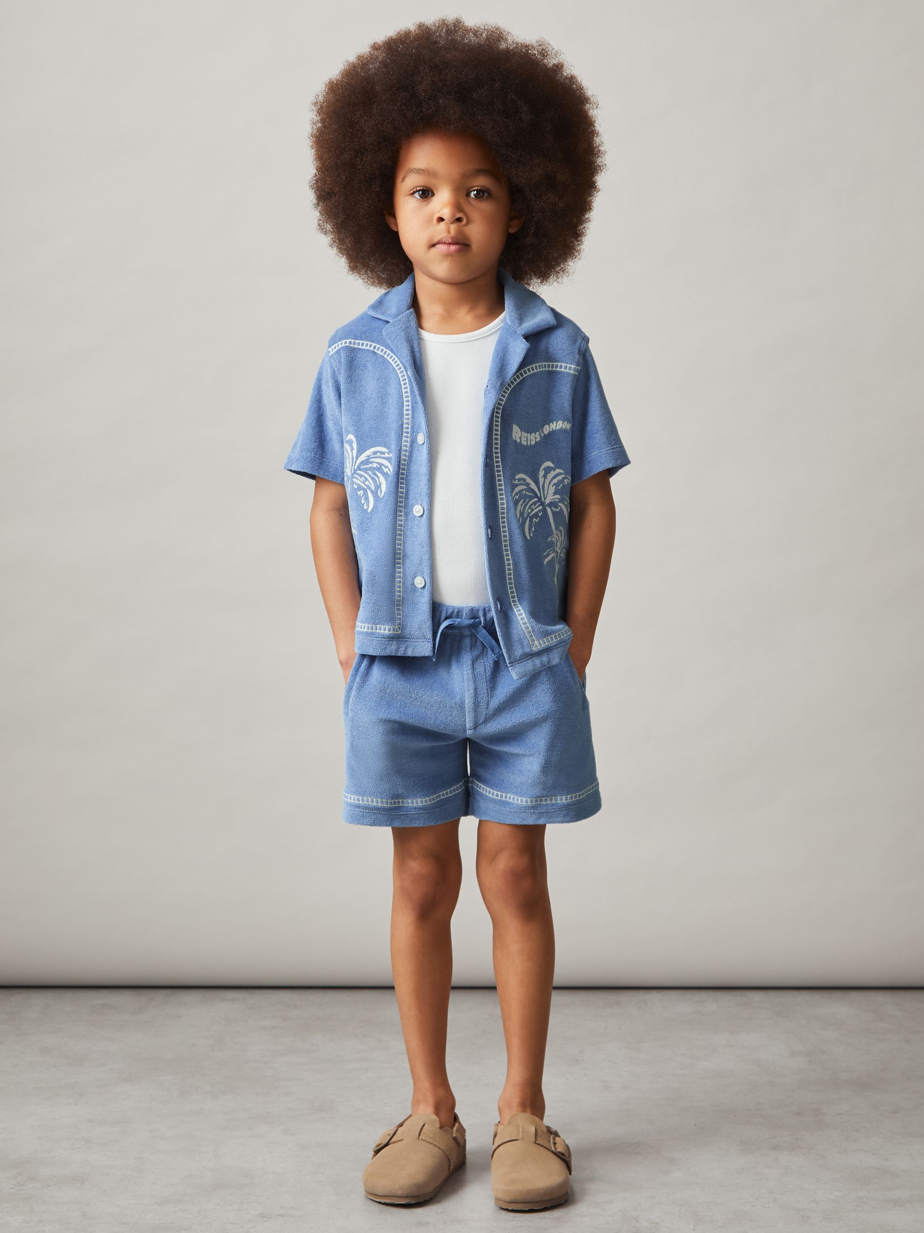 3-9 yrs Towelling Palm-Embroidered Shirt in Airforce Blue