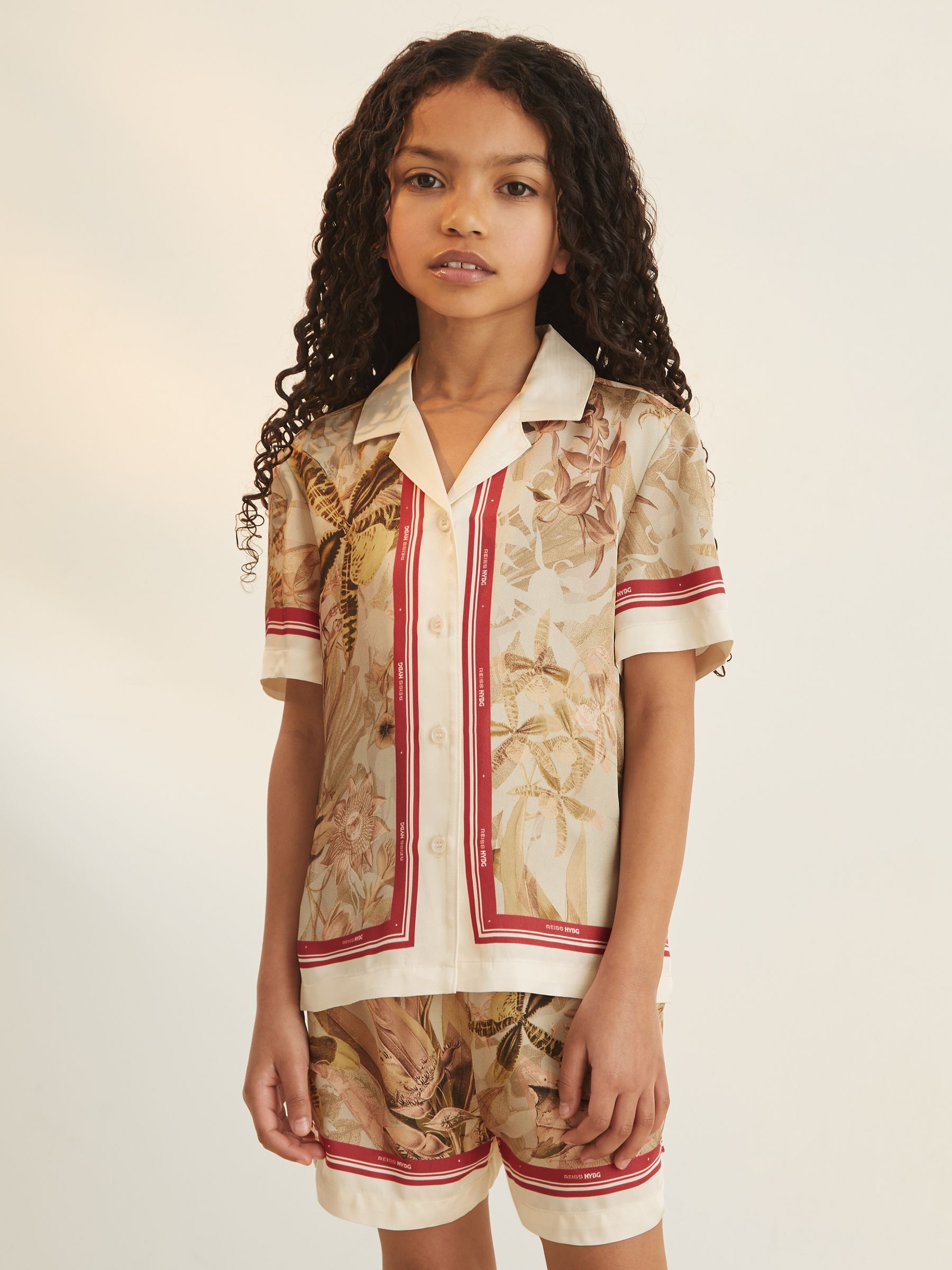 13-14 yrs Reiss | NYBG Satin Floral-Print Shirt in Khaki